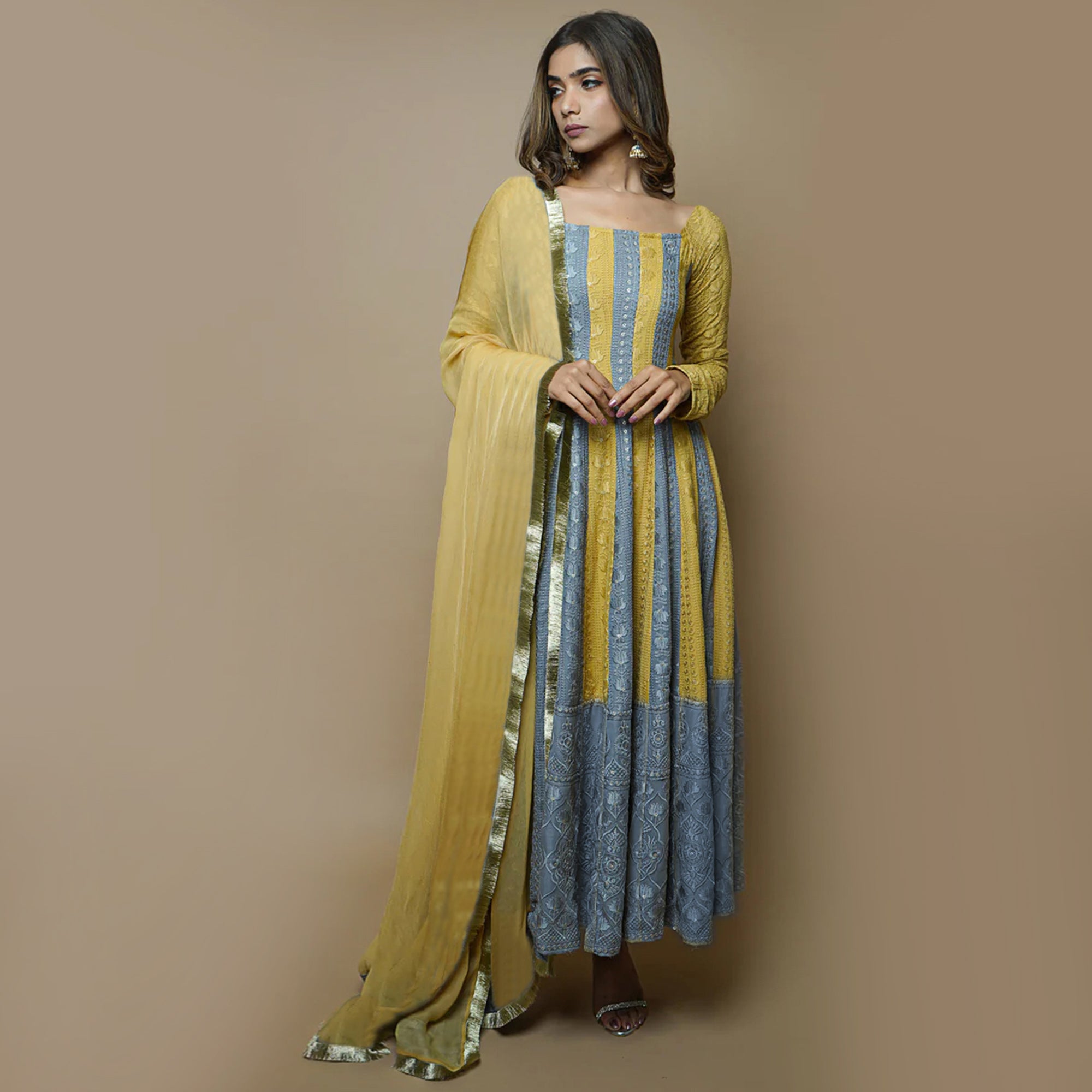 Grey & Green Lucknowi Chikankari Work Rayon Gown