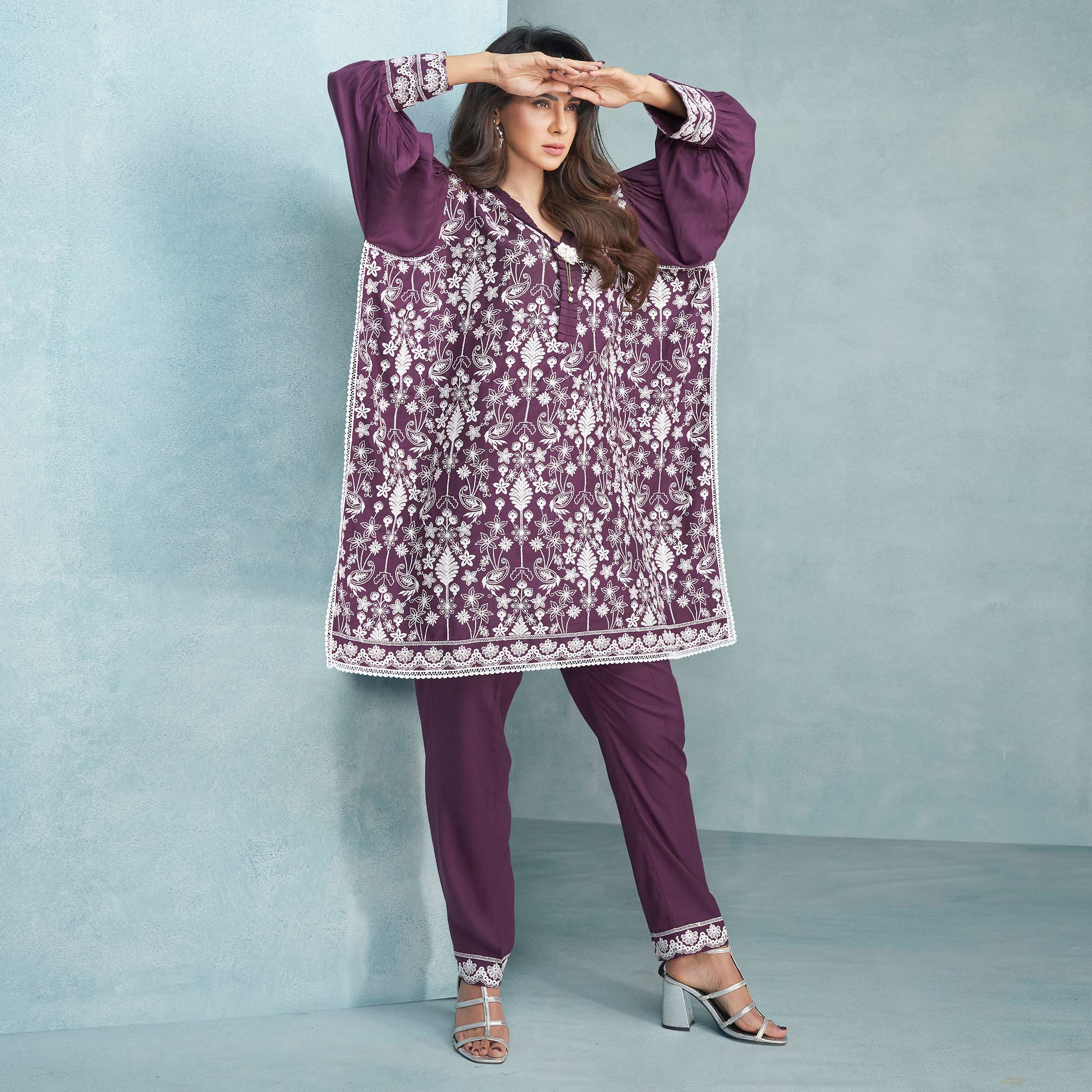 Wine Floral Embroidered Rayon Kaftan Set