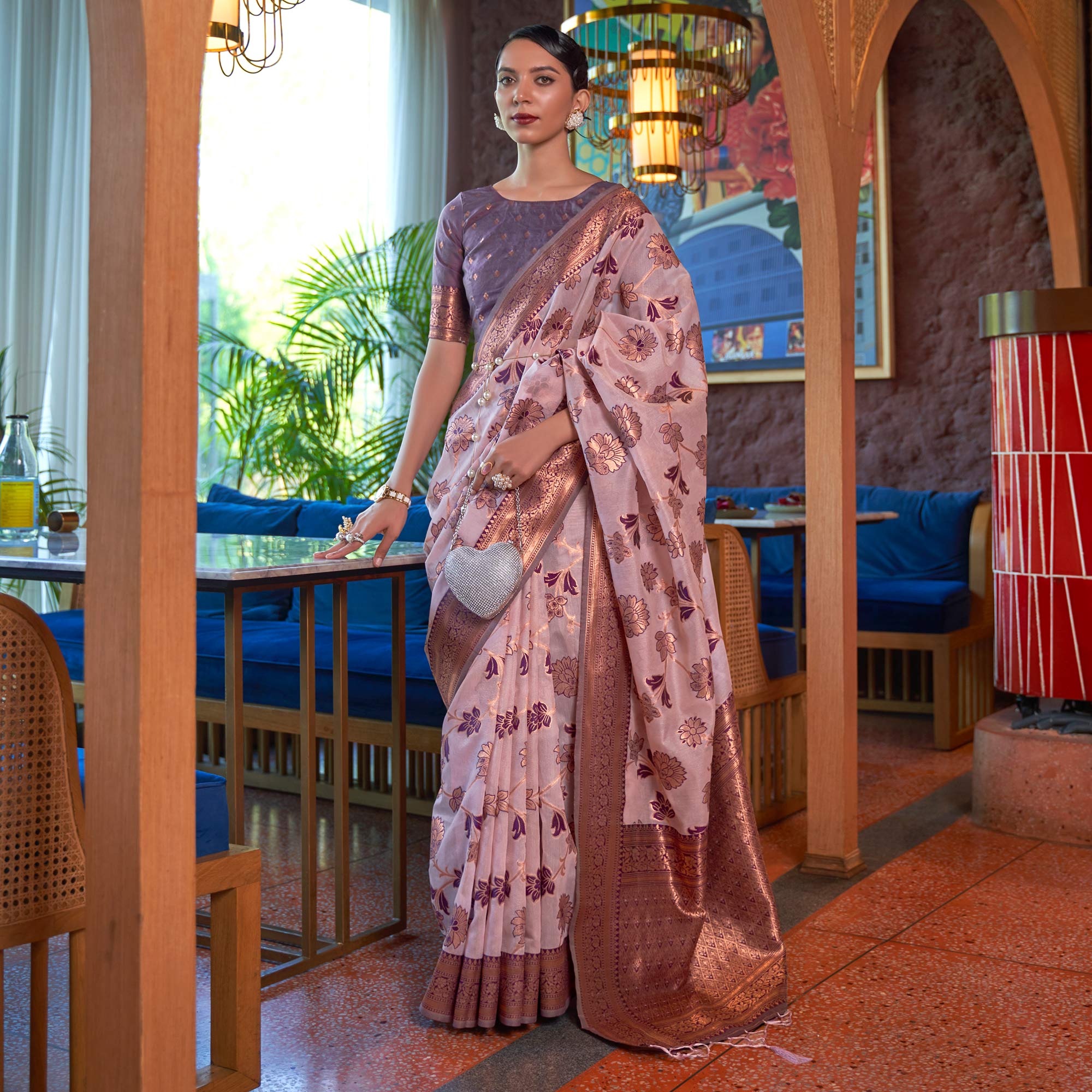 Pink Woven Organza Saree With Tassels
