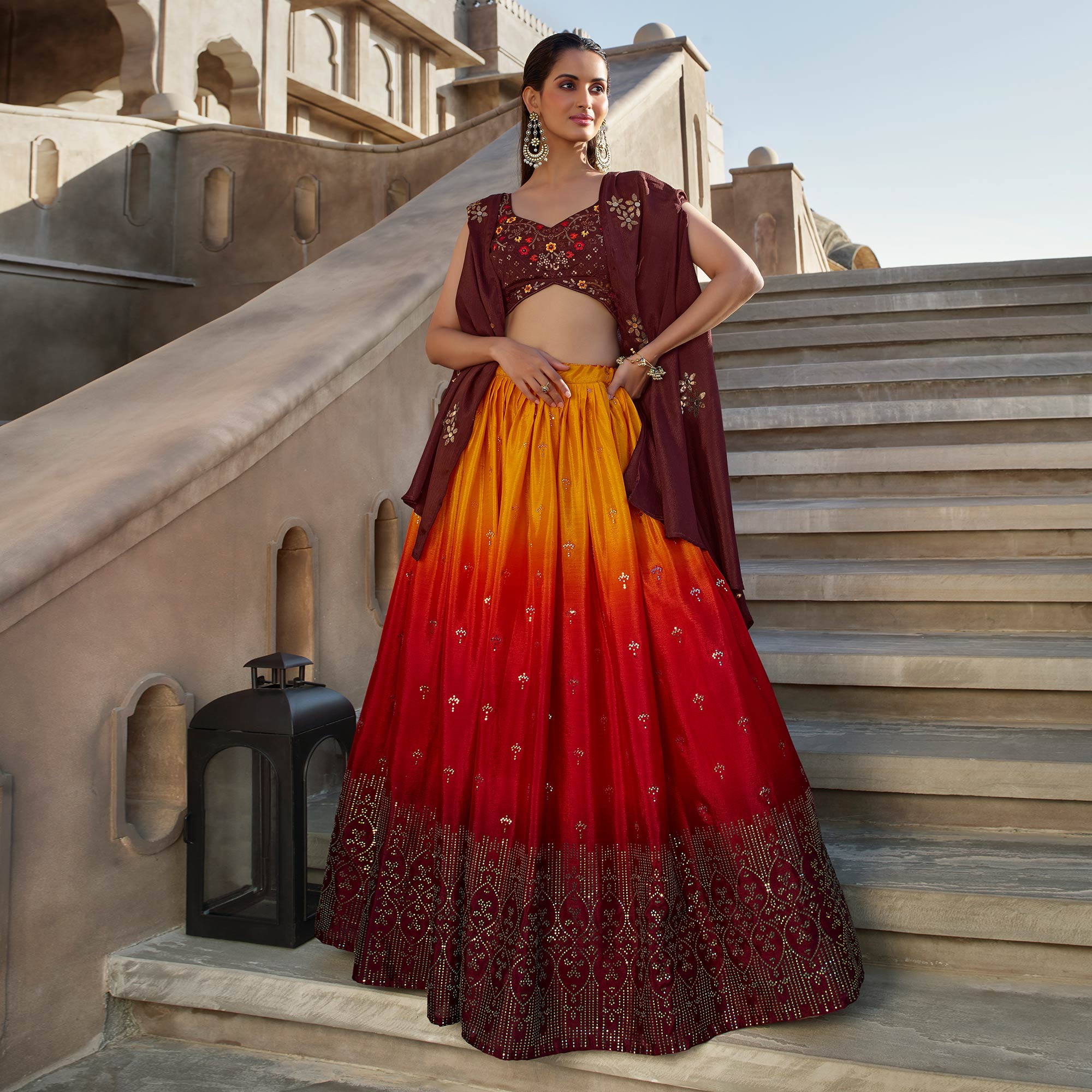Orange & Wine Embellished Mirror Work Georgette Lehenga Choli