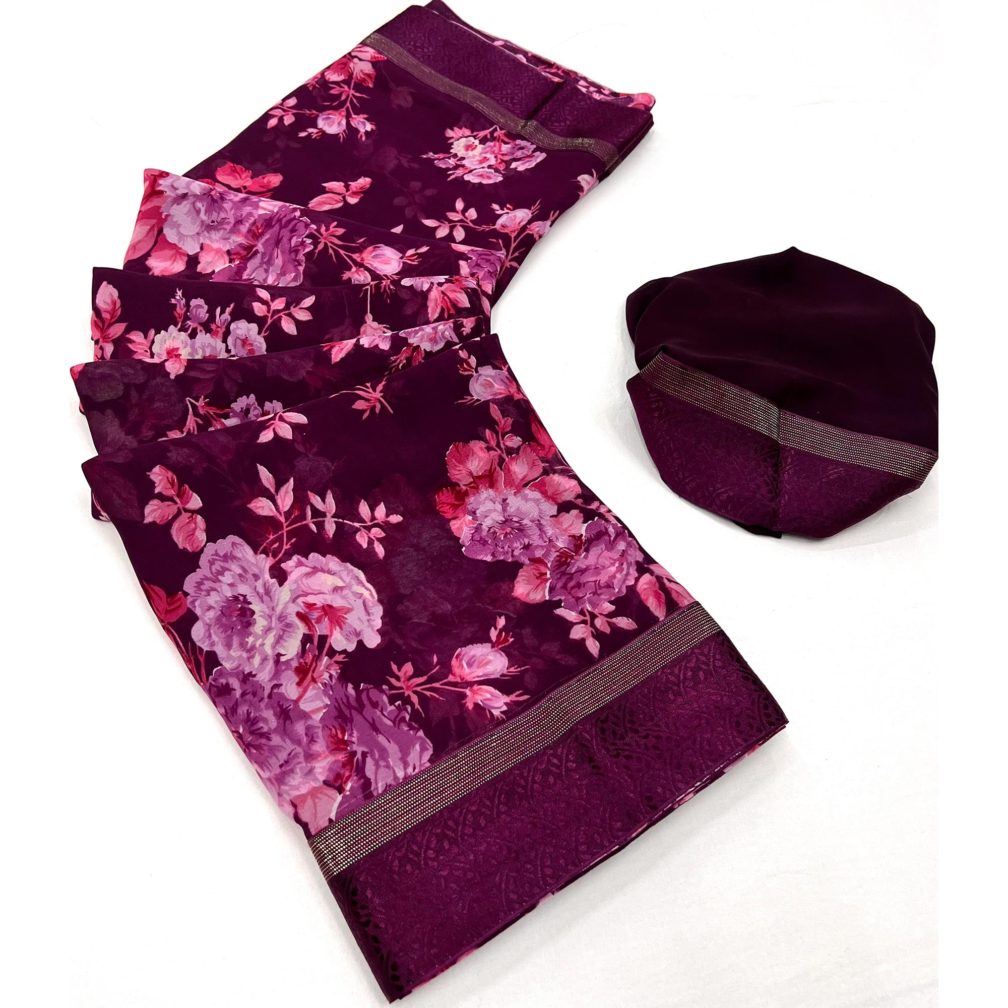 Wine Floral Printed Georgette Saree