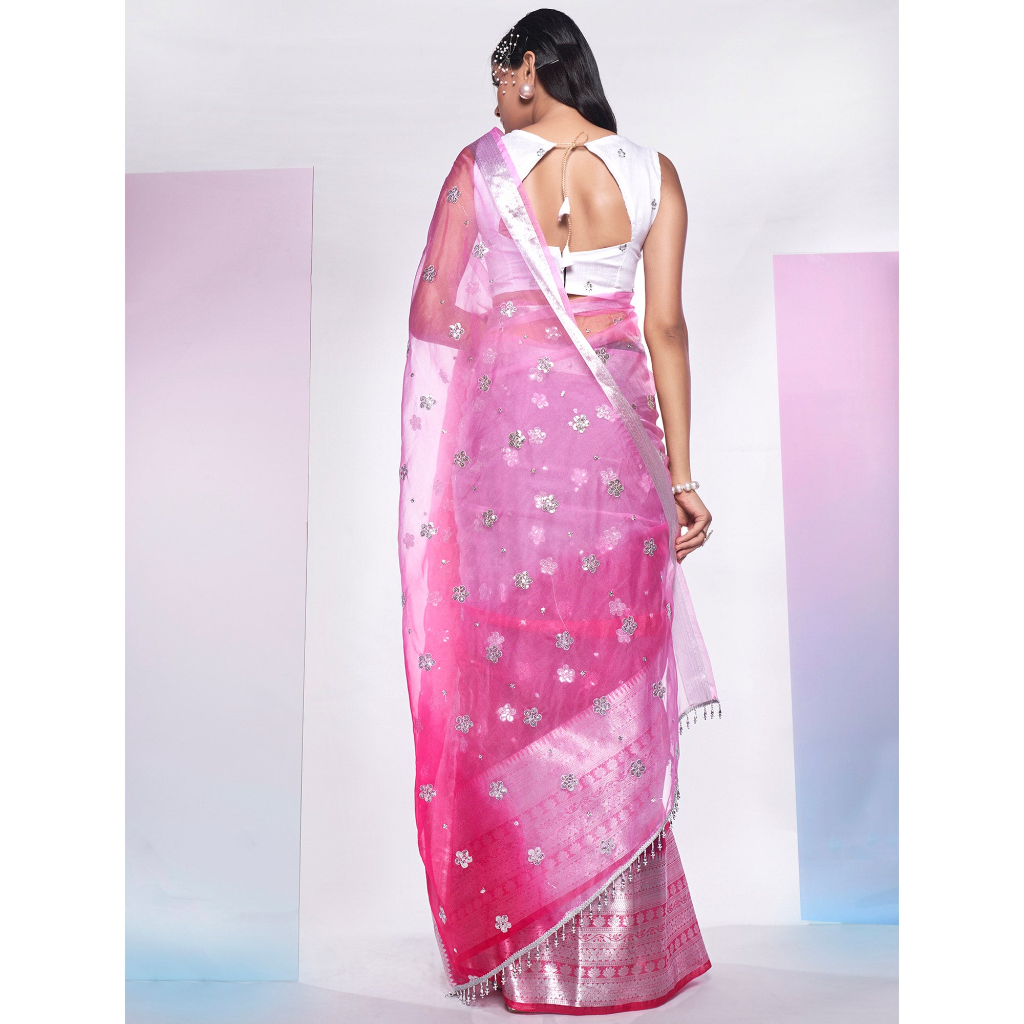 Light Pink Sequins Embroidered Organza Saree
