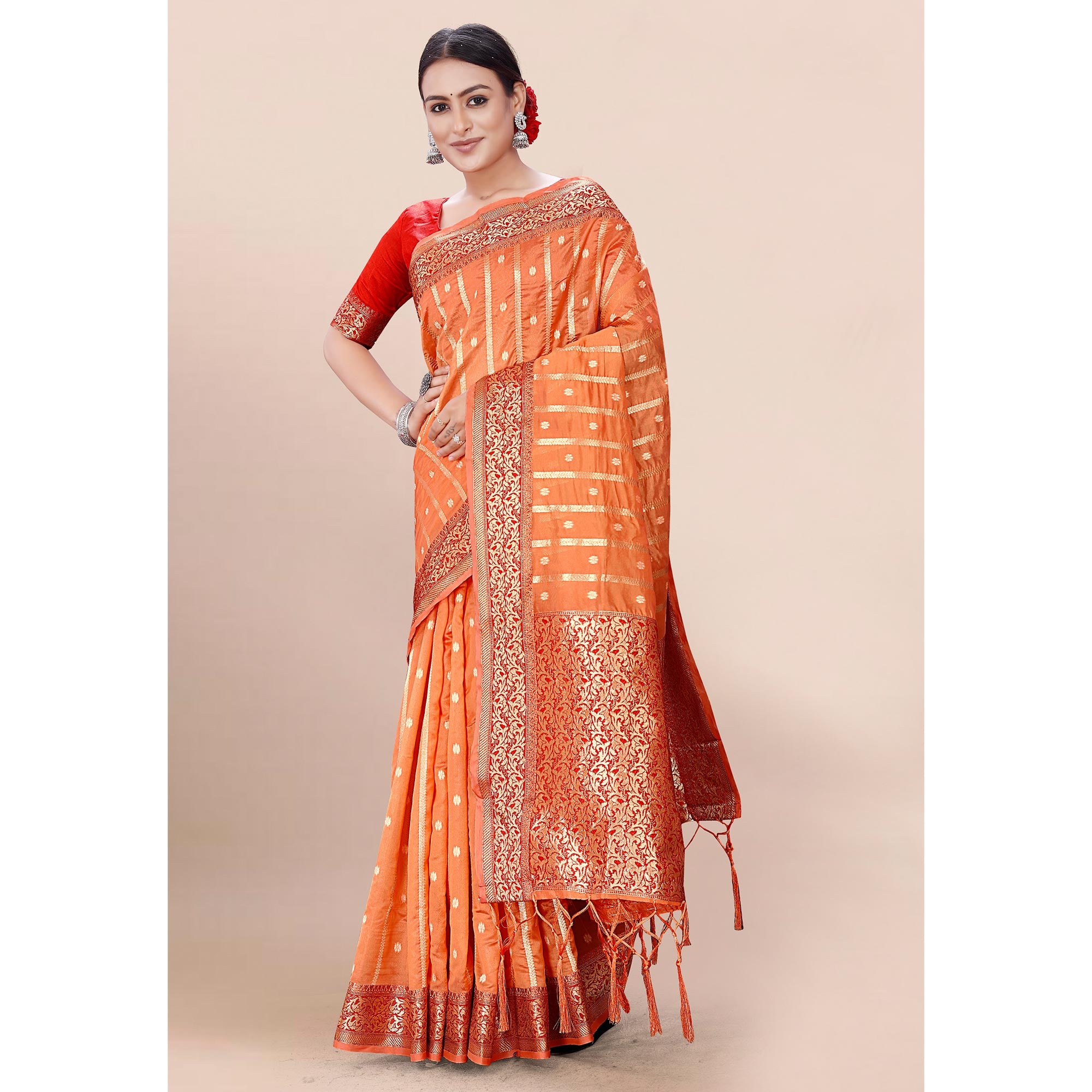 Orange Woven Organza Saree With Tassels