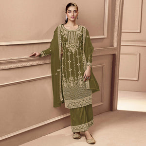 Mahendi Green Floral Embroidered Netted Pakistani Suit