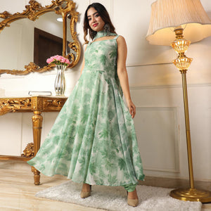 Green Floral Printed Georgette Anarkali Suit