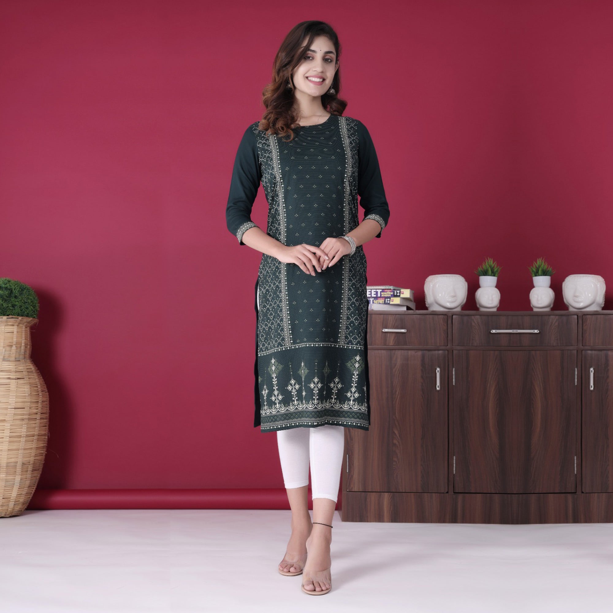 Green Floral Printed Rayon Kurti