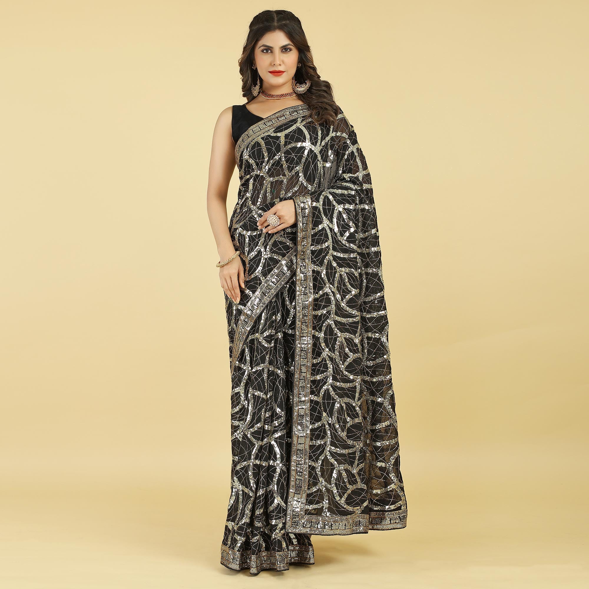 Black Sequins Work Georgette Saree