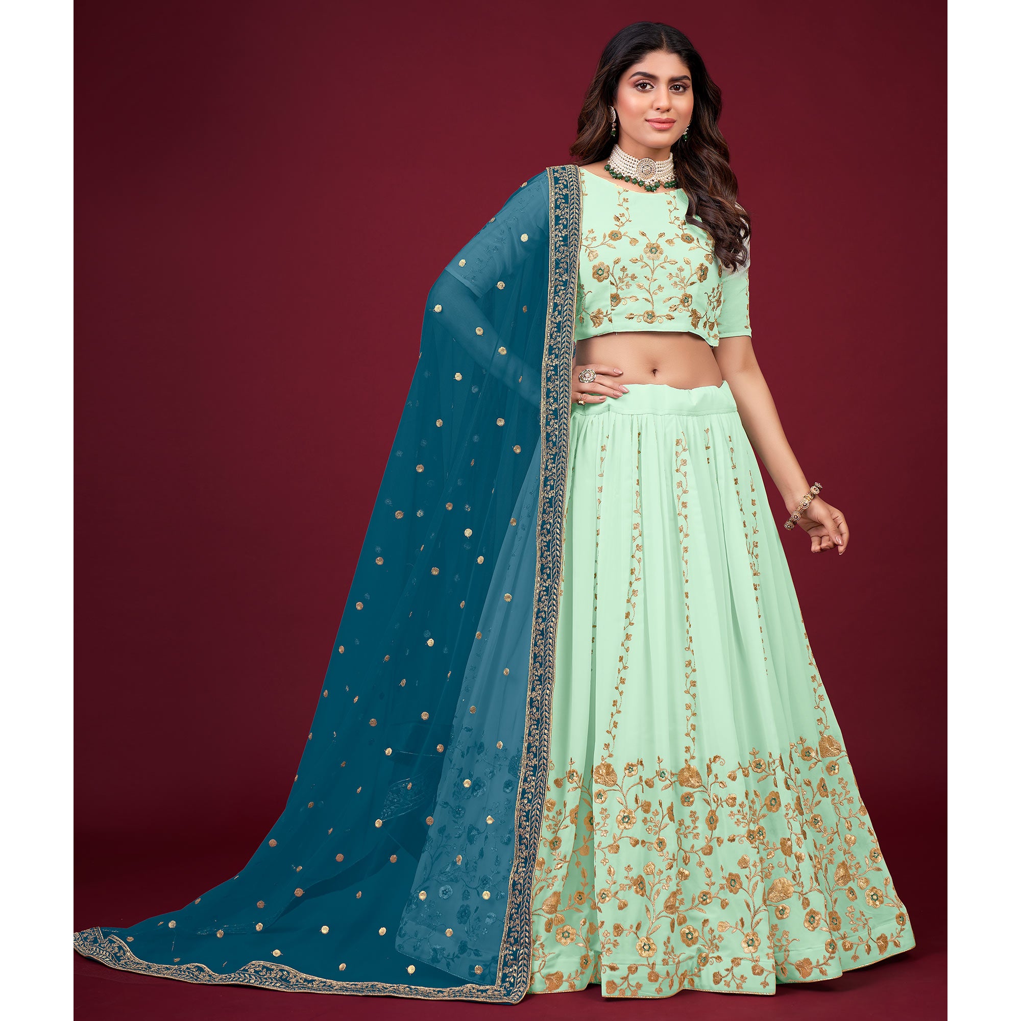 Sea Green Embroidered Georgette Lehenga Choli