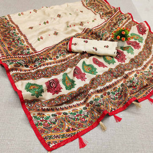 Off White Printed Cotton Blend Saree With Tassels