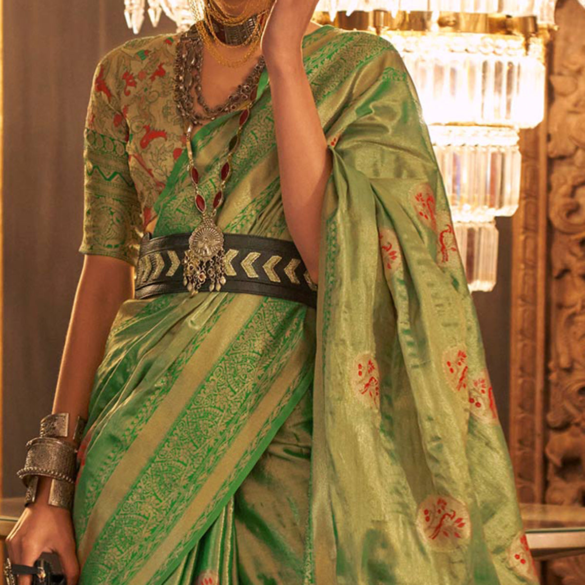 Green Woven Art Silk Saree With Tassels