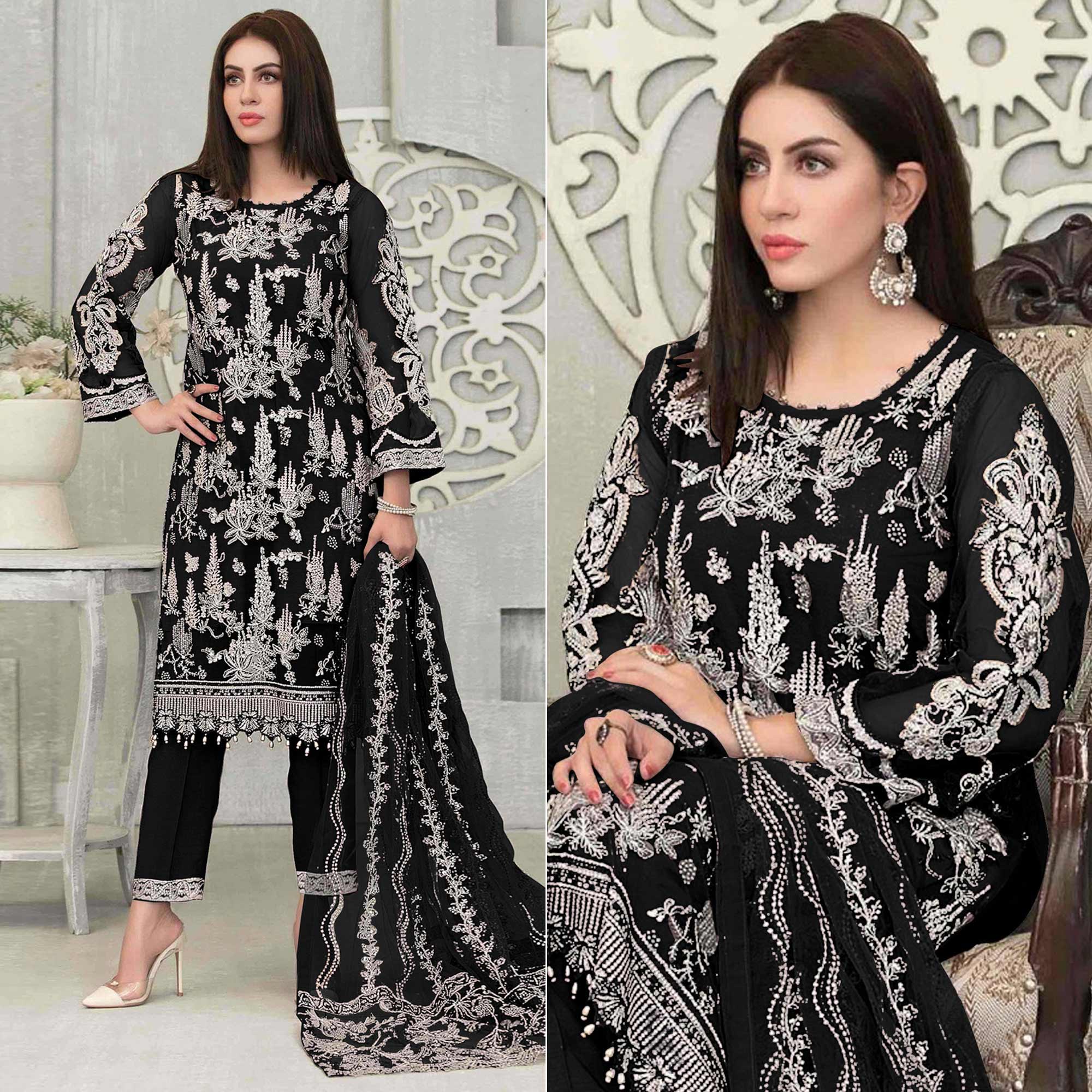 Black Floral Embroidered Georgette Pakistani Suit