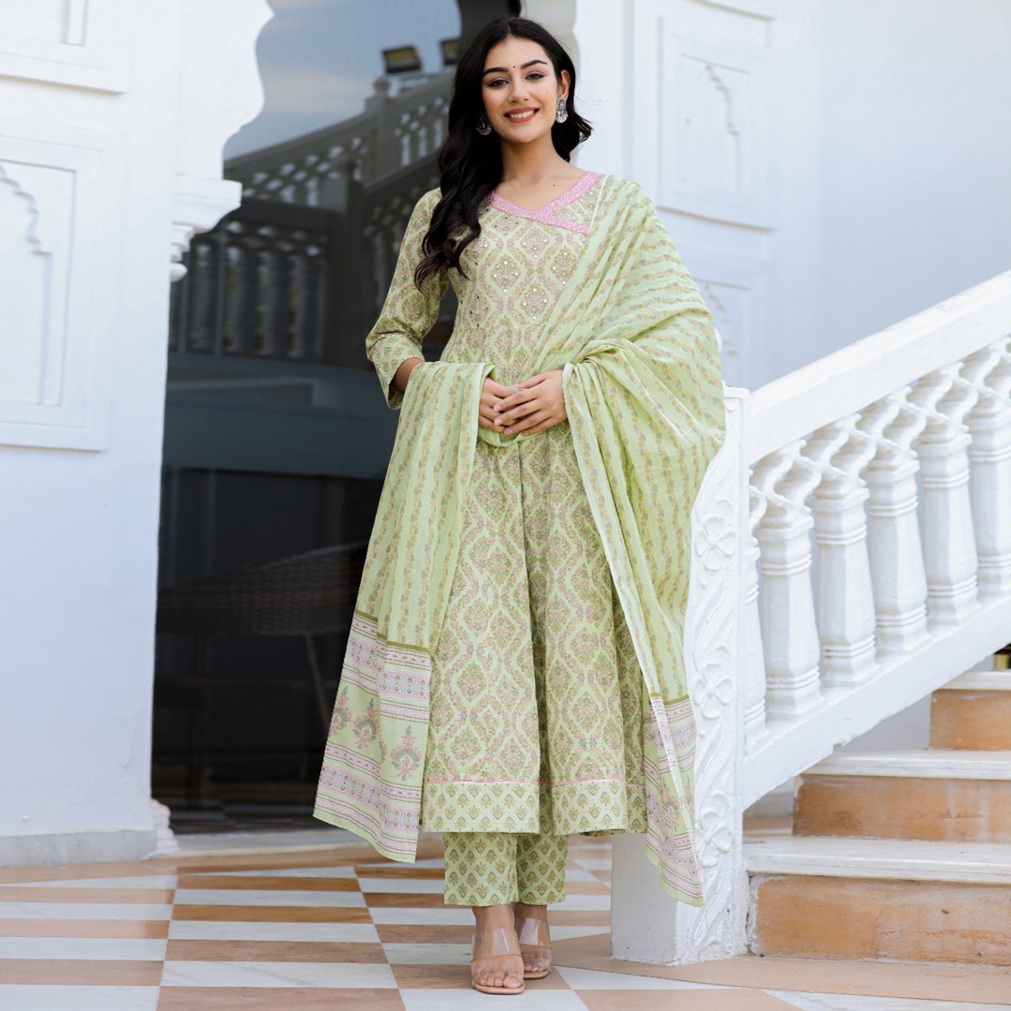 Green Floral Printed Pure Cotton Anarkali Suit