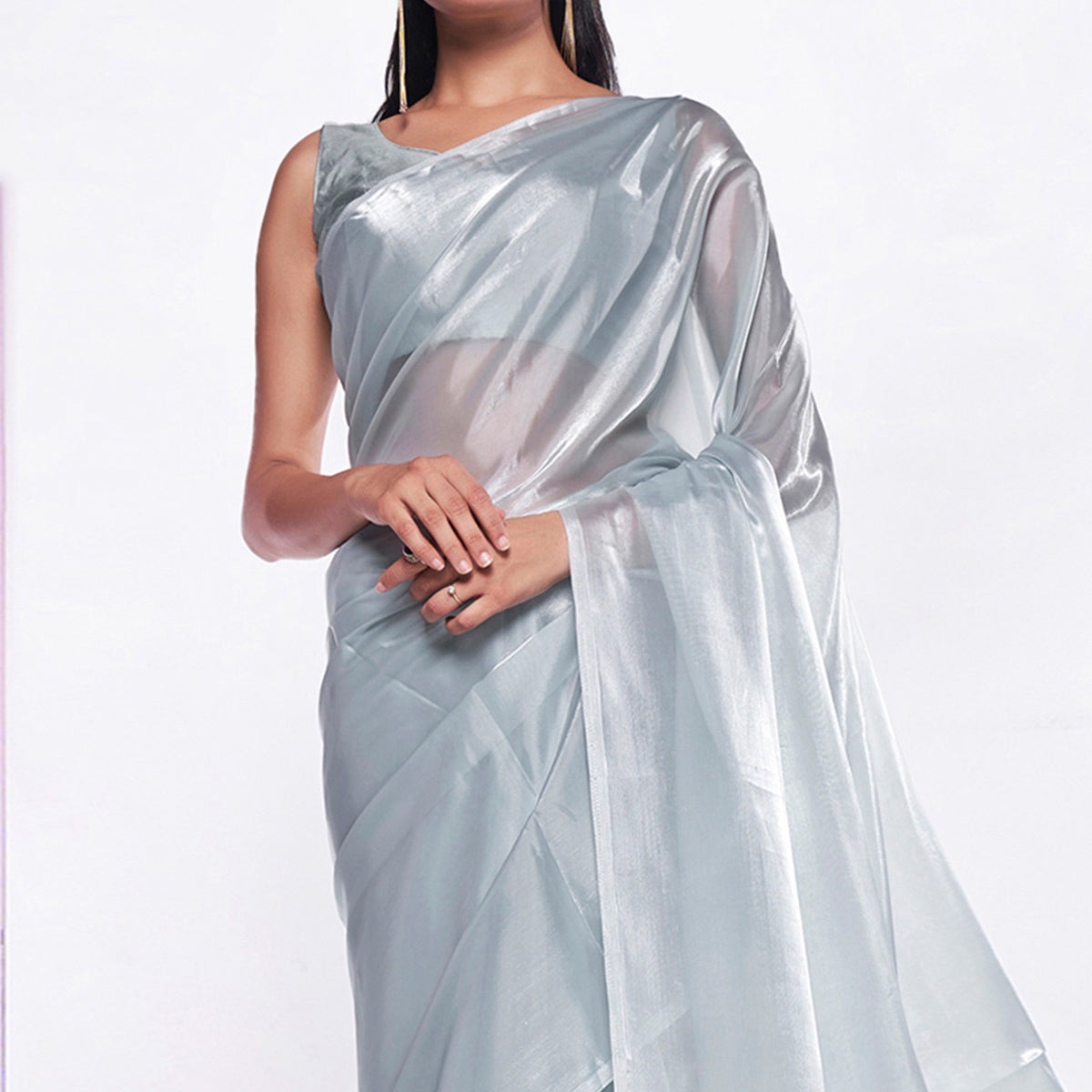 Grey Solid Organza Saree With Tassels