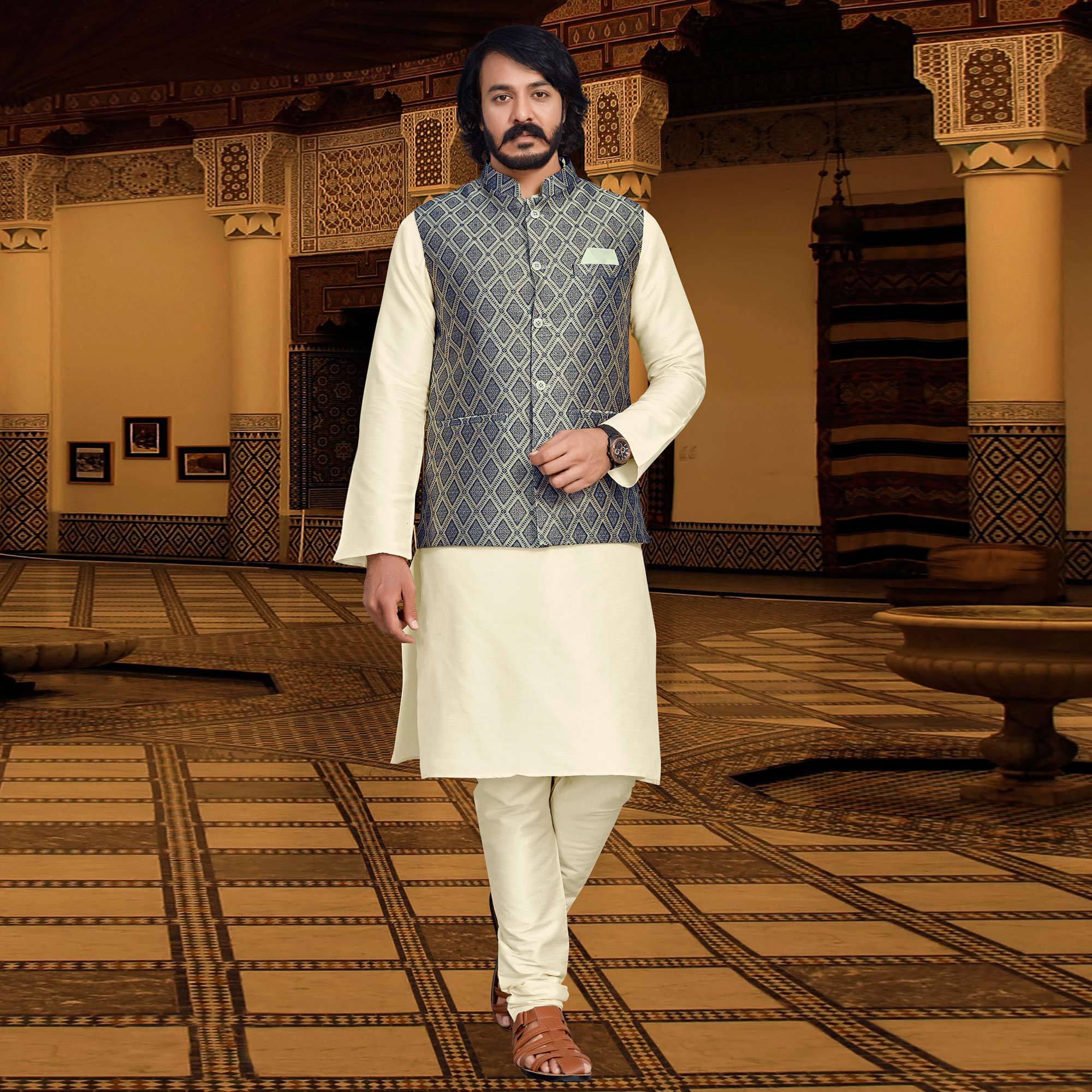 Cream Blue Woven Art Silk Kurta Pyjama Set With Jacket