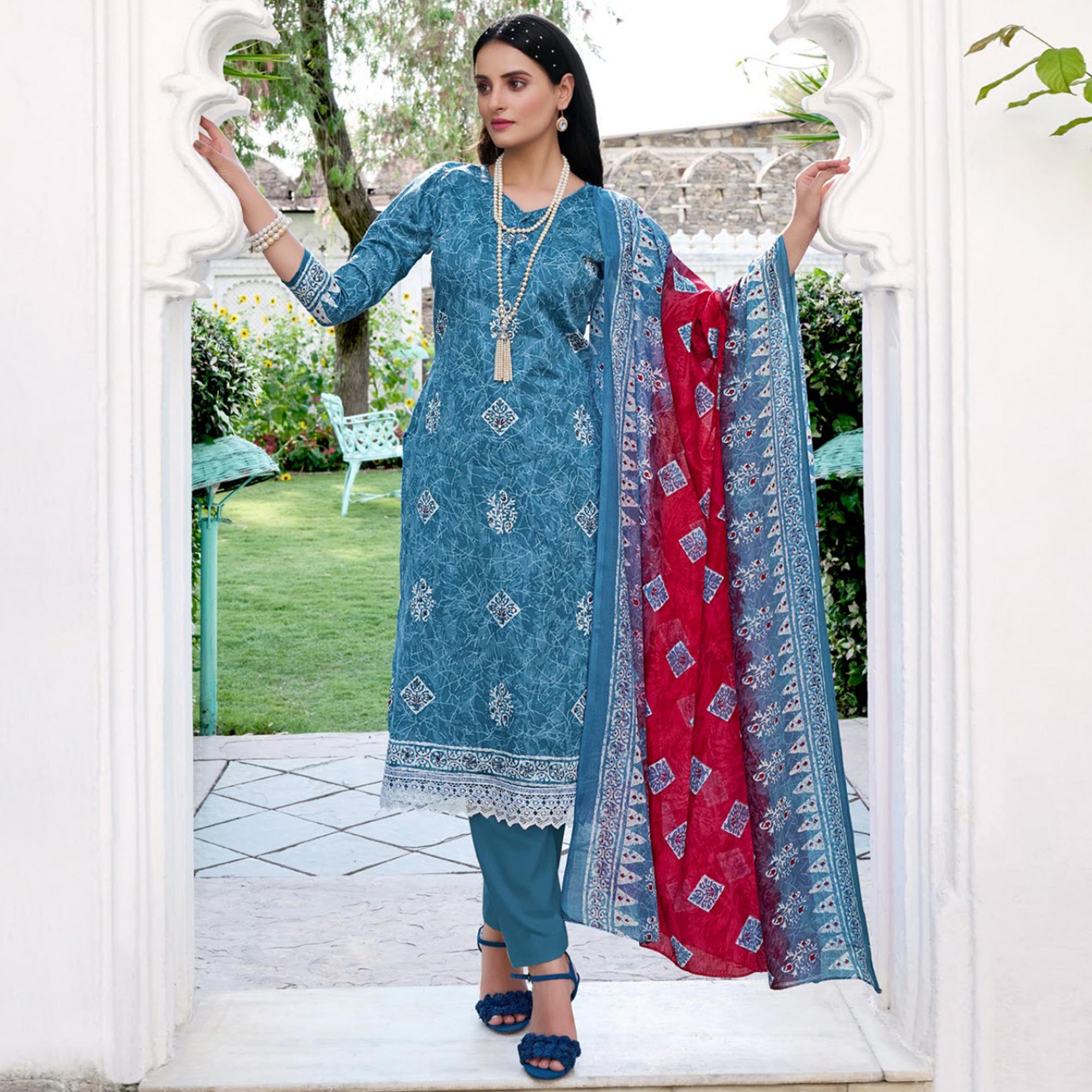 Blue Digital Printed With Mirror Work Pure Cotton Suit