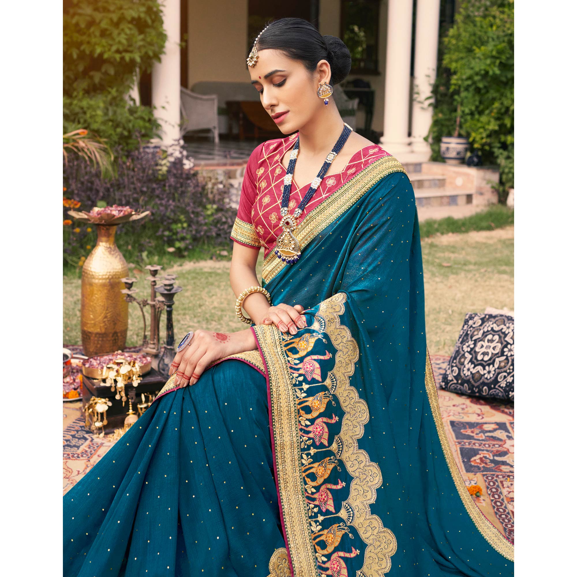 Teal Blue Embroidered With Stone Work Vichitra Silk Saree