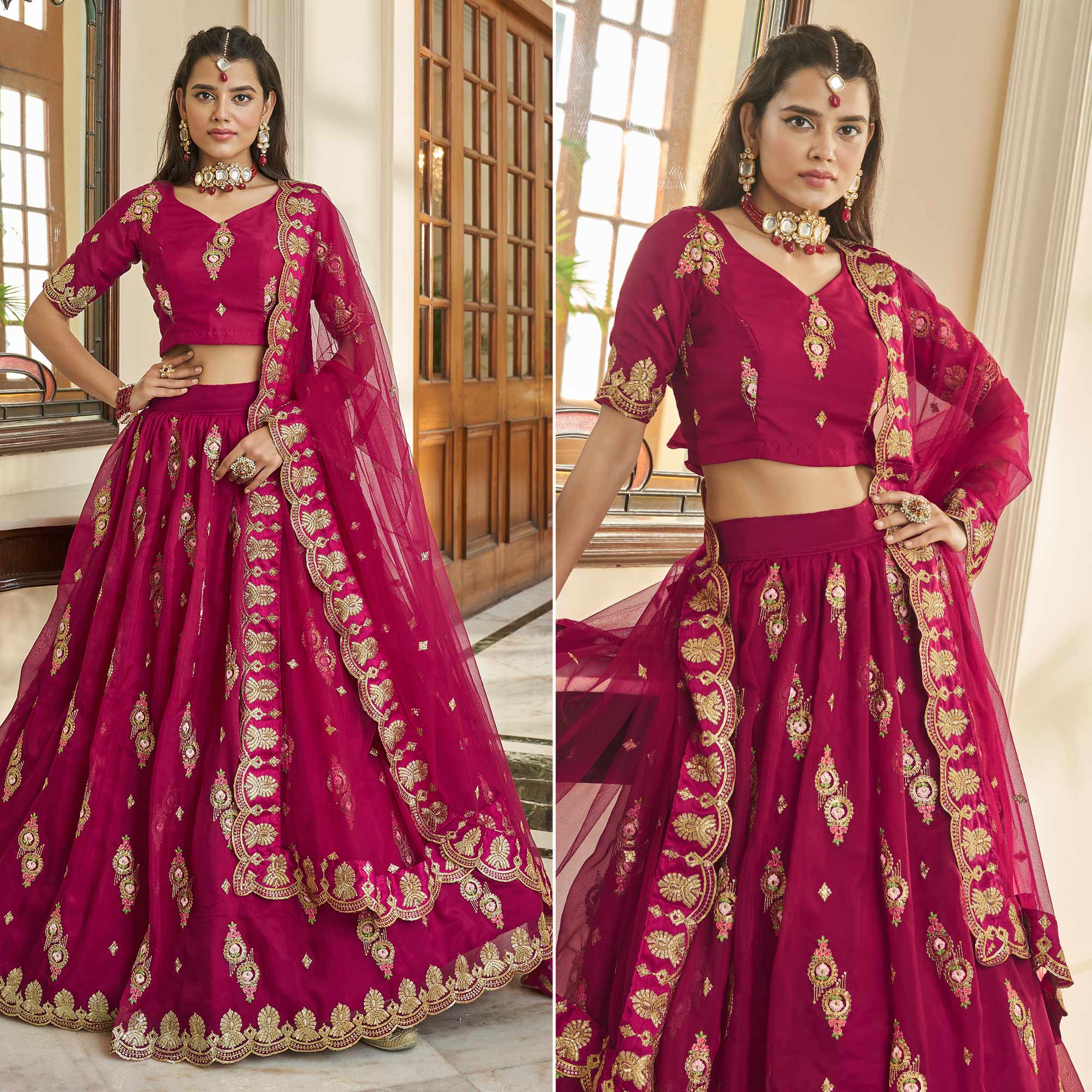 Rani Pink Sequins Embroidered Organza Lehenga Choli
