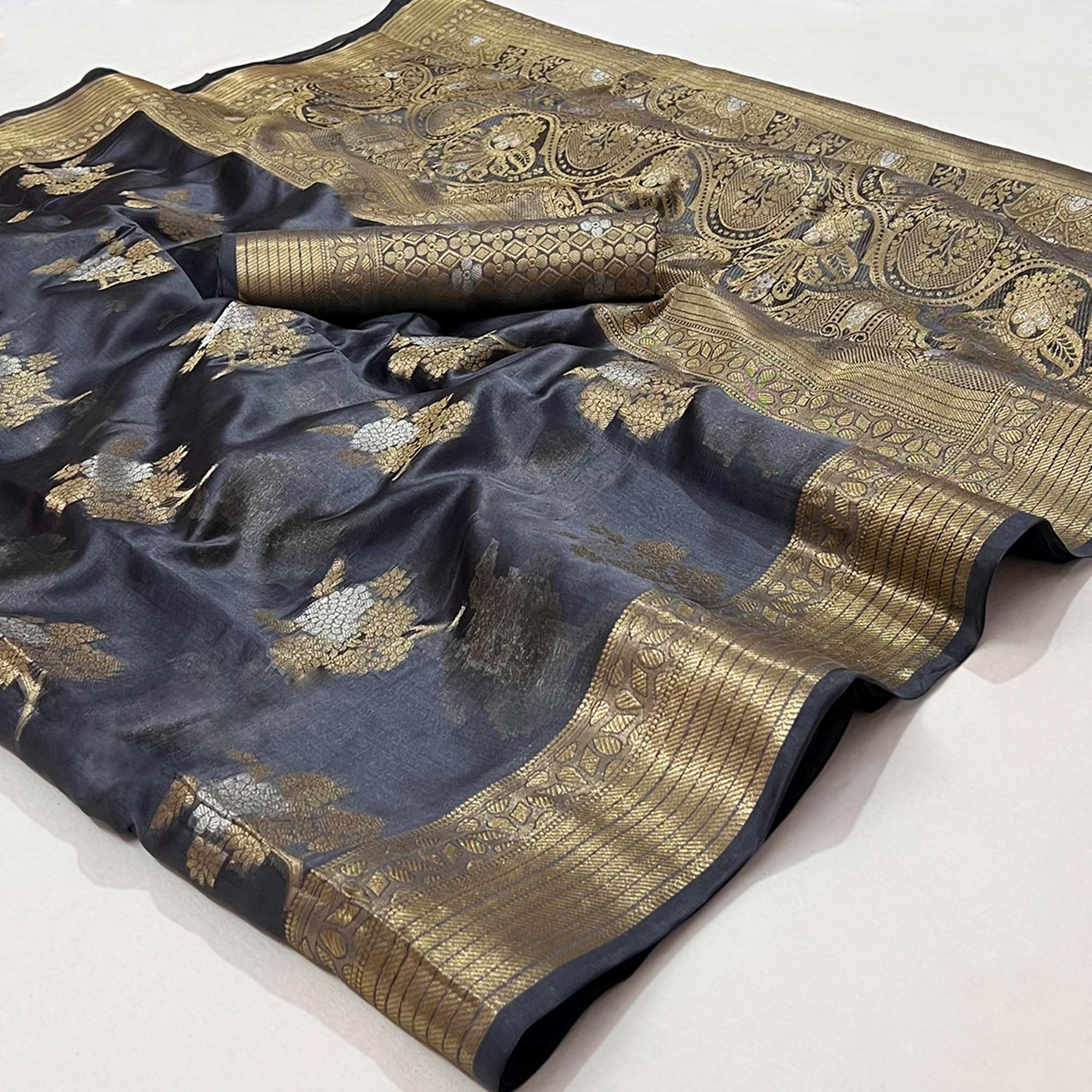 Grey Woven Organza Saree