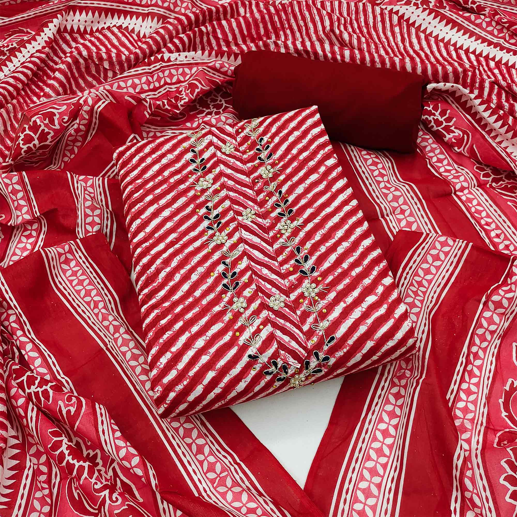 Red Striped Printed Pure Cotton Dress Material