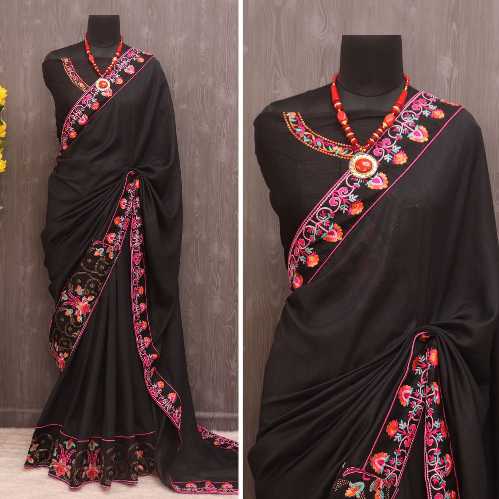 Black Floral Embroidered Vichitra Silk Saree
