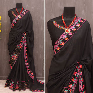 Black Floral Embroidered Vichitra Silk Saree