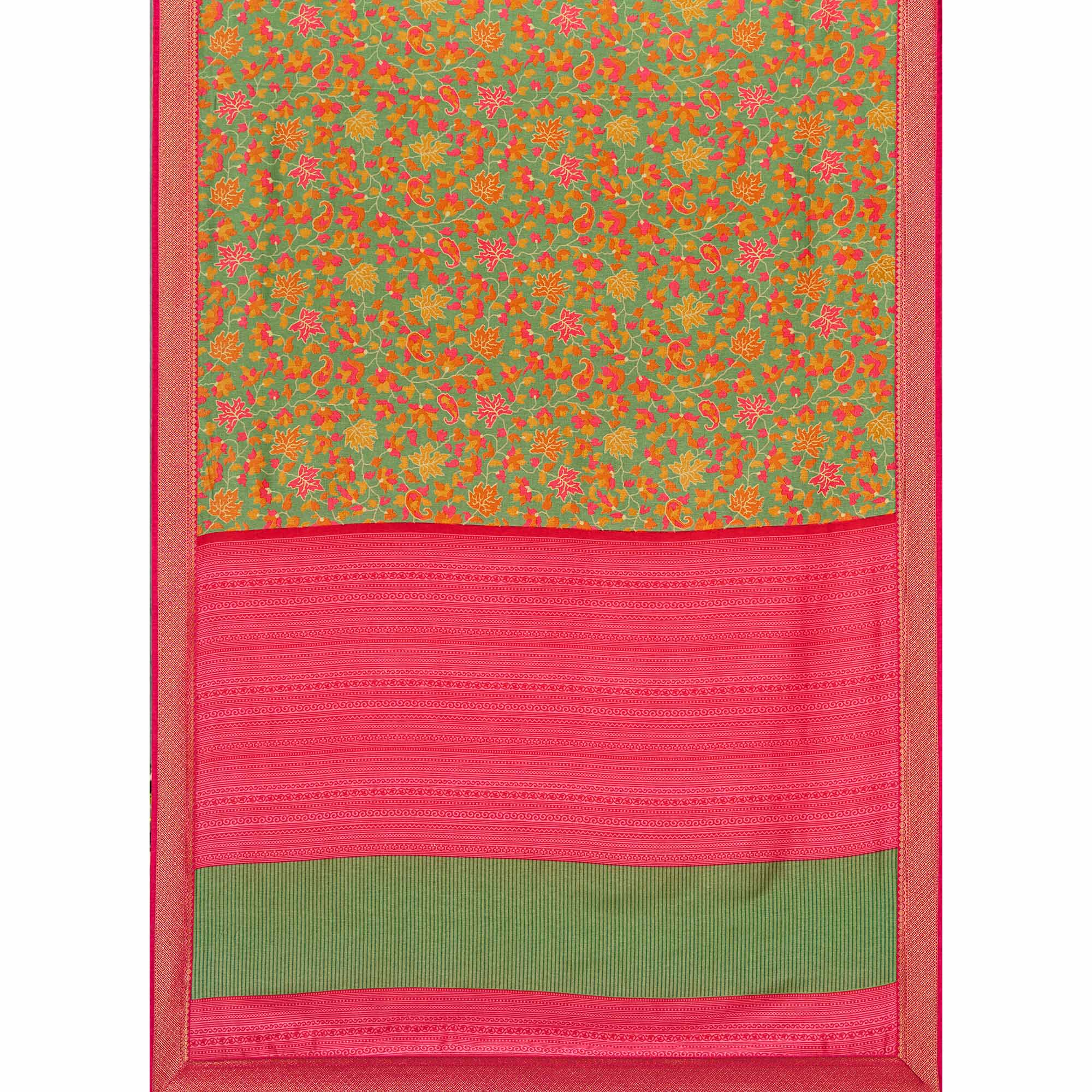 Green Floral Printed Tussar Silk Saree