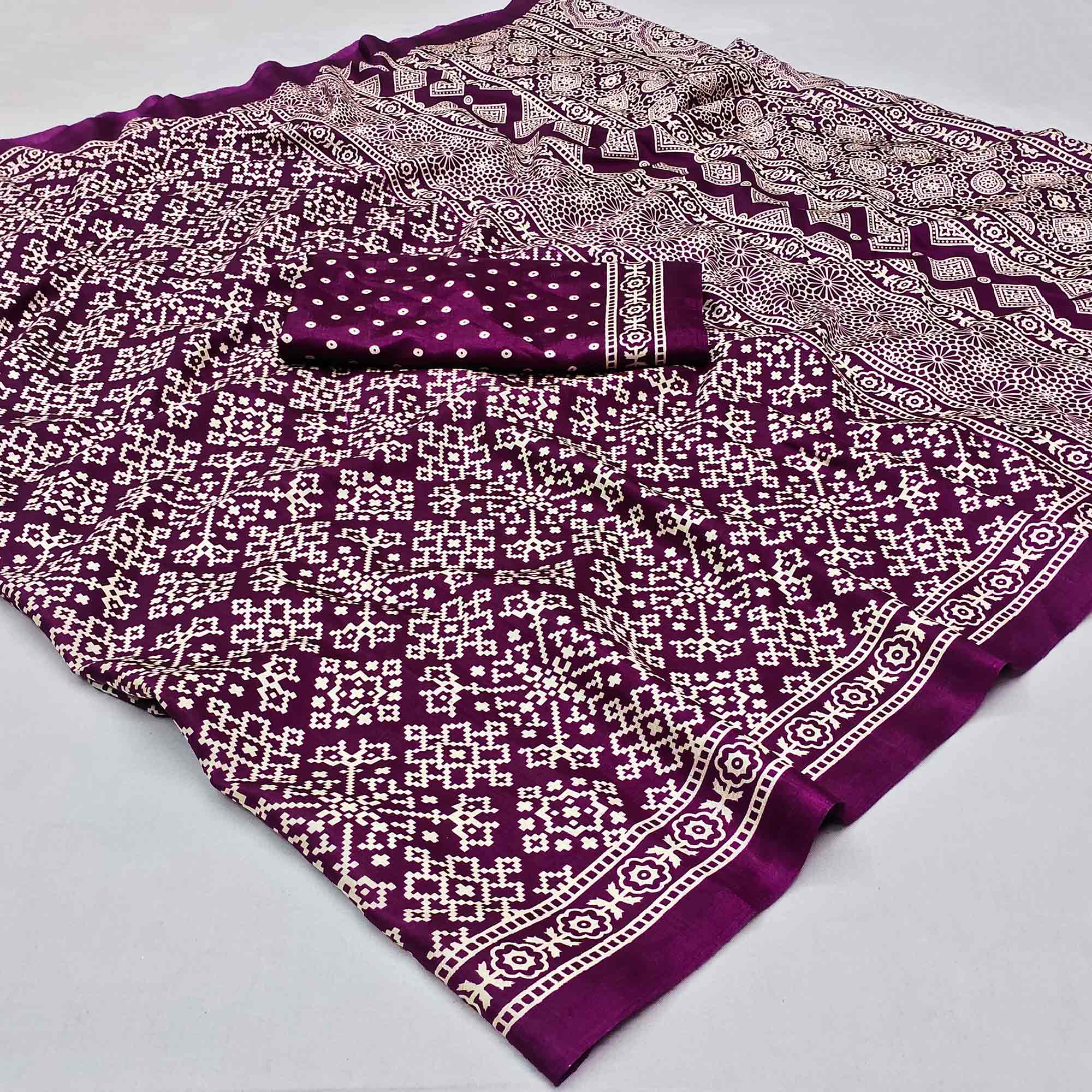 Wine Printed Art Silk Saree
