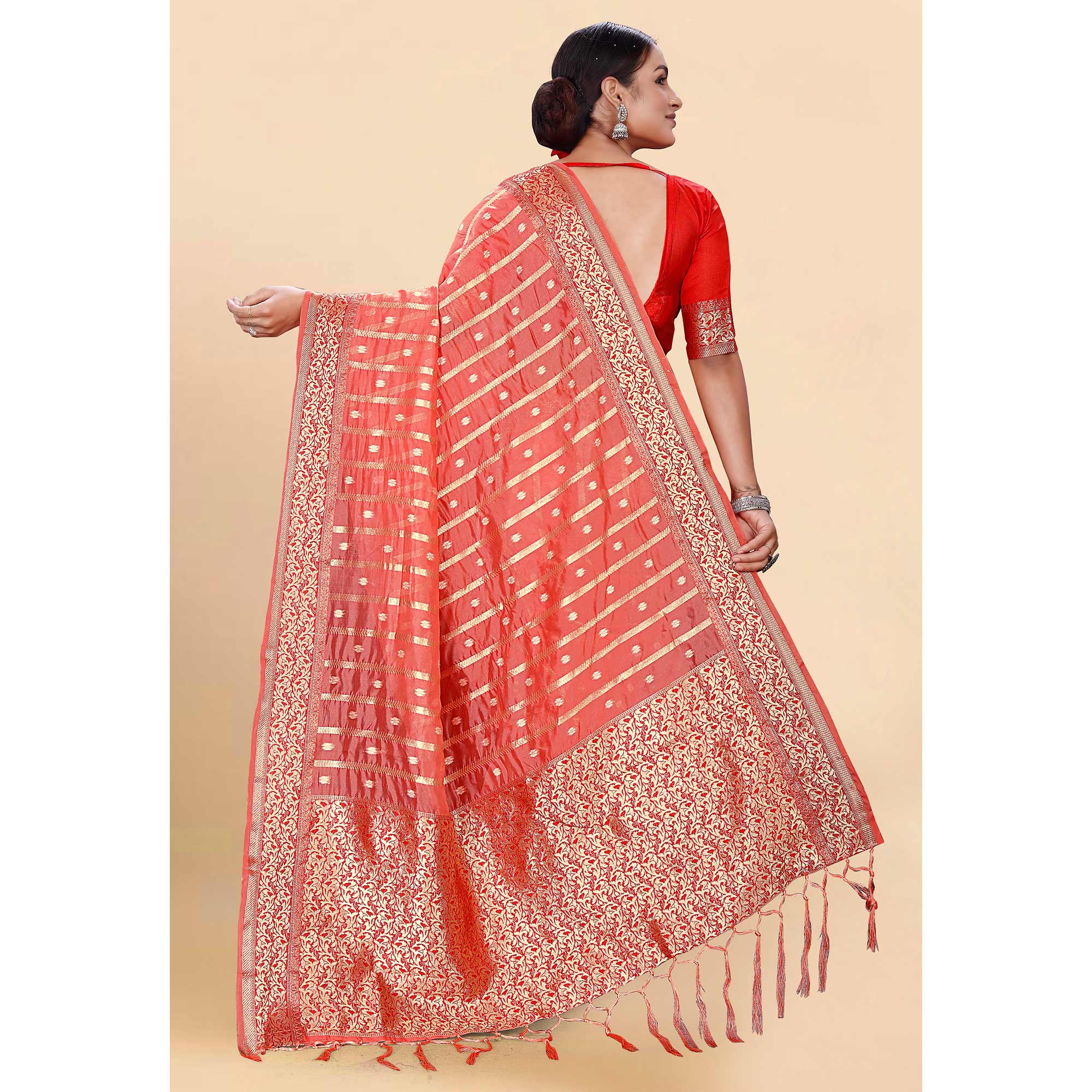 Pink Woven Organza Saree With Tassels