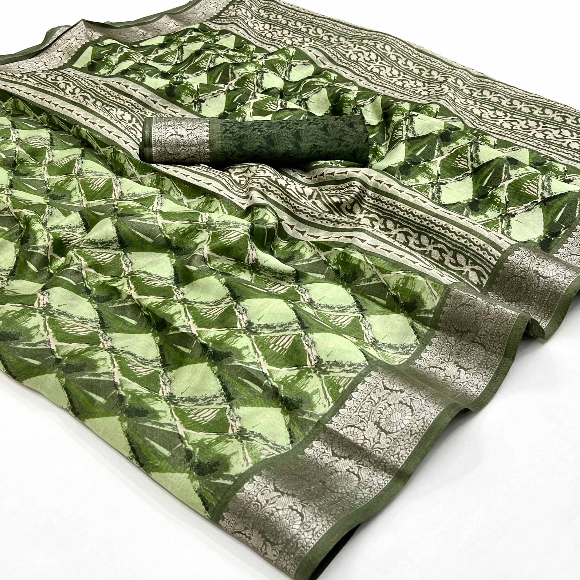 Pista Green Floral Printed With Woven Dola Silk Saree