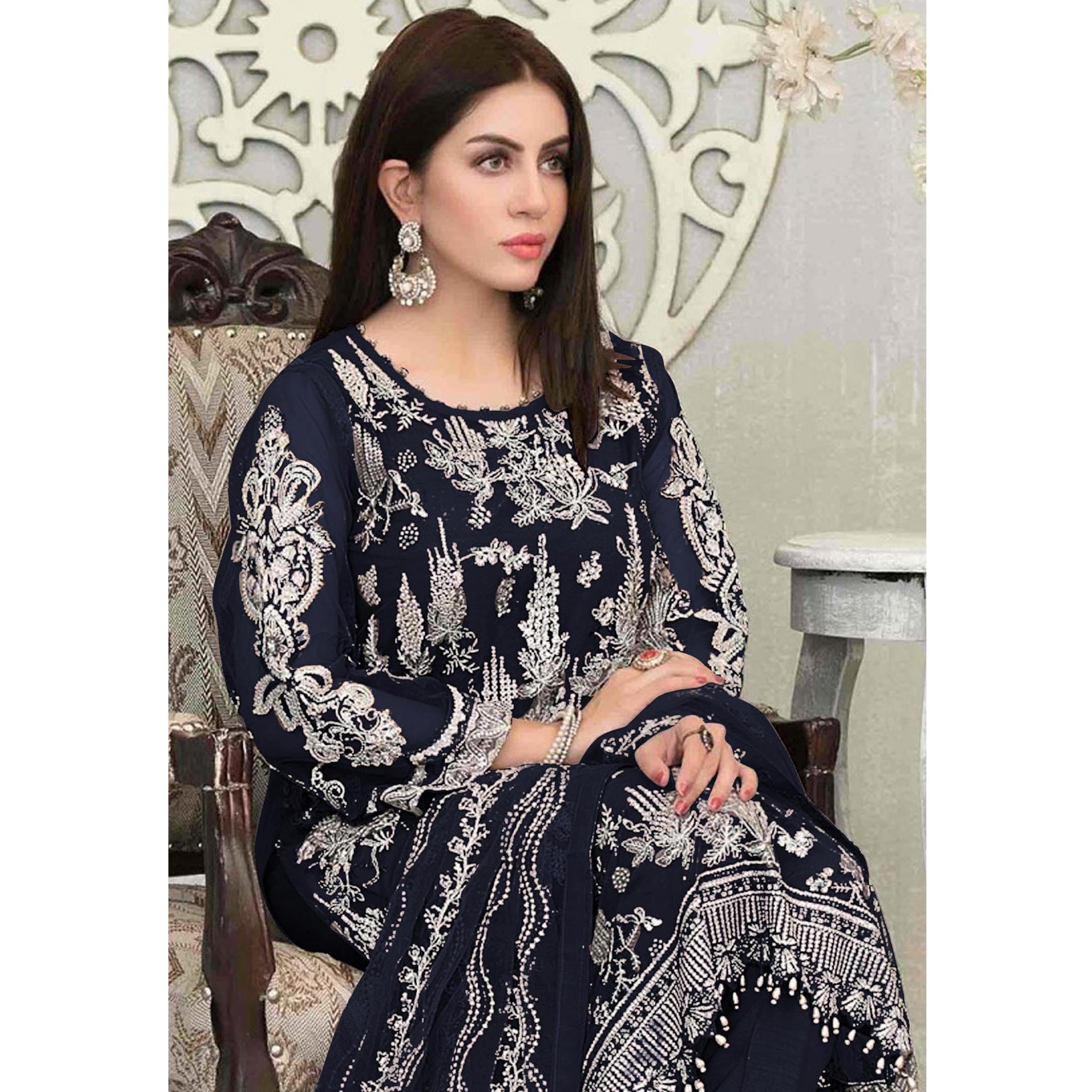 Navy Blue Floral Embroidered Georgette Pakistani Suit