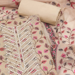 Chikoo Floral Printed-Mirror Work Pure Cotton Dress Material