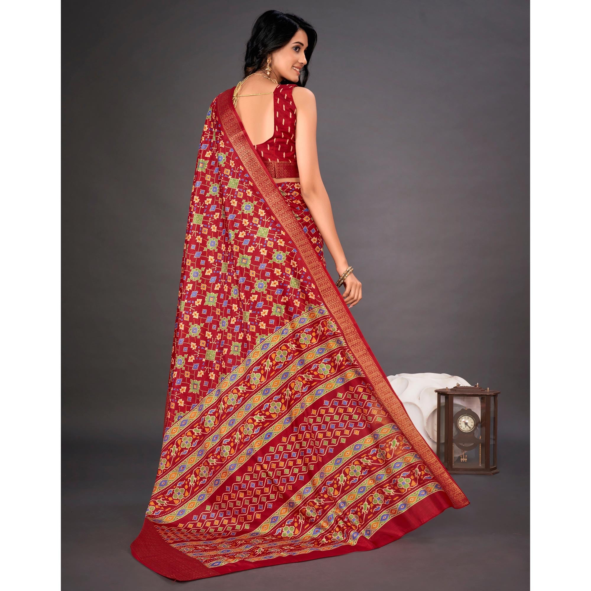 Red Printed Dola Silk Saree