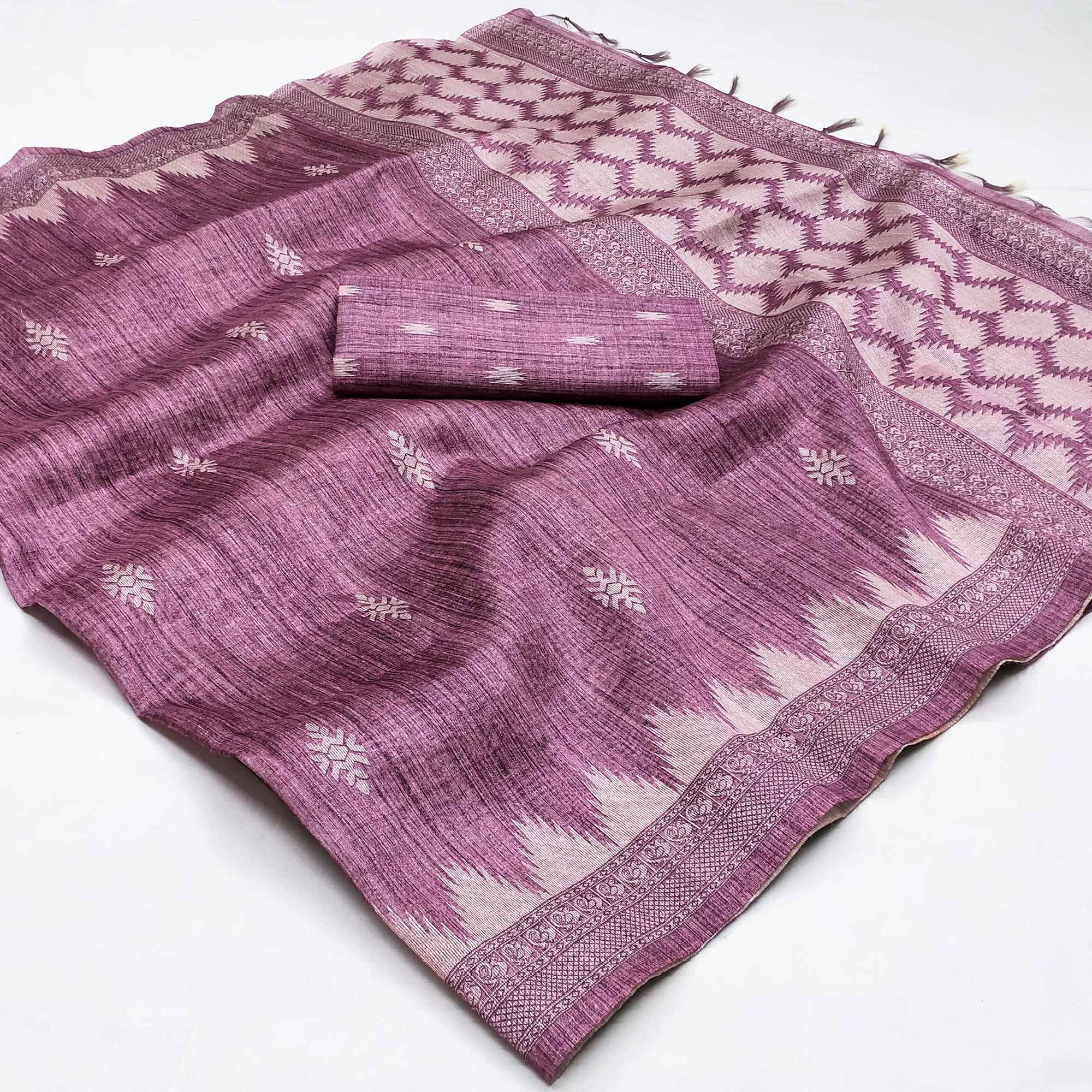 Purple Printed Tussar Silk Saree With Tassels
