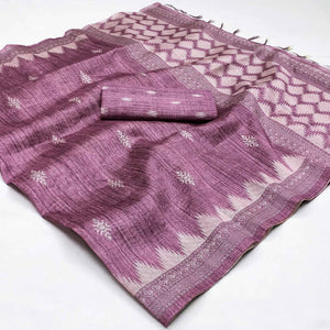 Purple Printed Tussar Silk Saree With Tassels