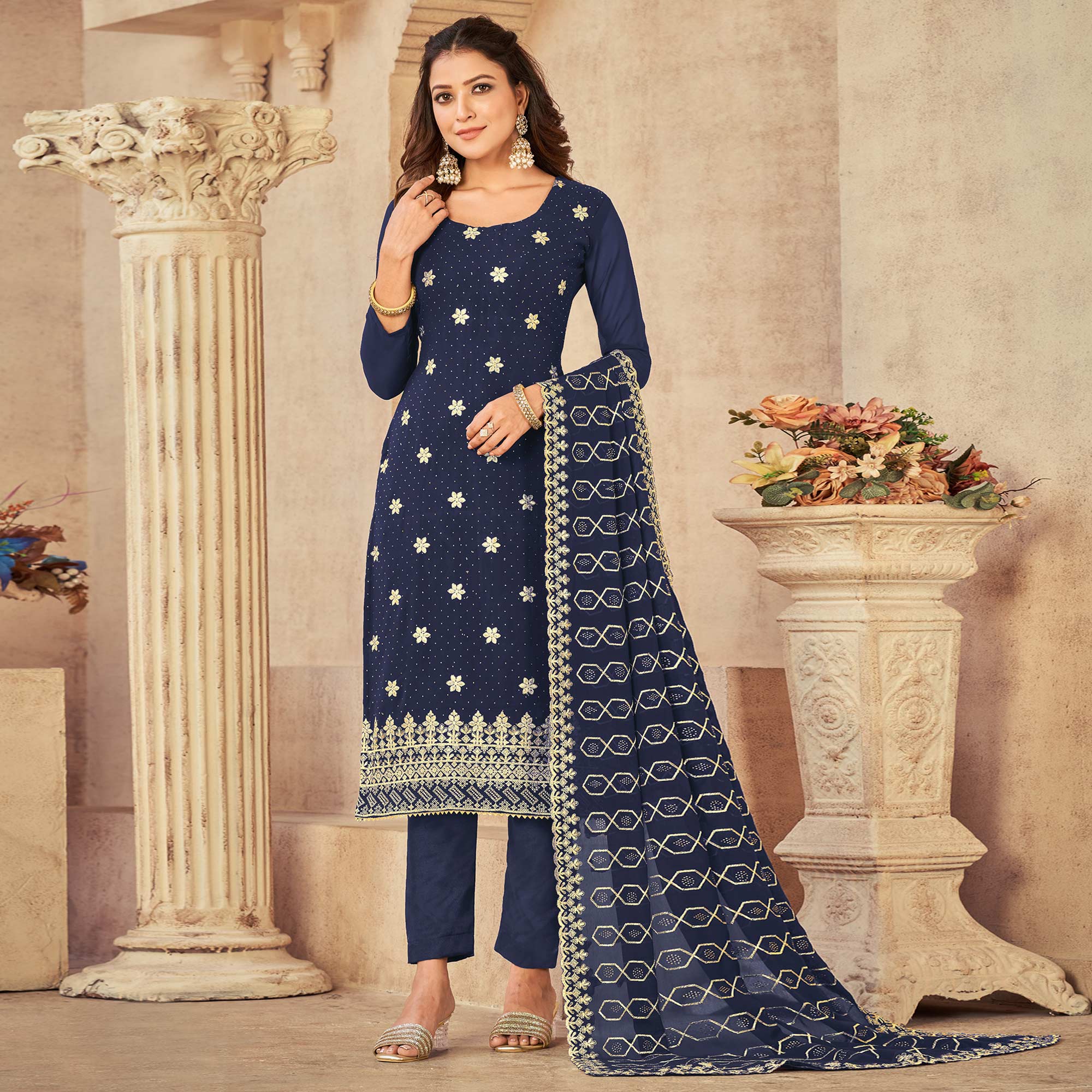 Navy Blue Embroidered Georgette Suit