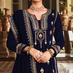 Blue Embroidered Velvet Pakistani Suit
