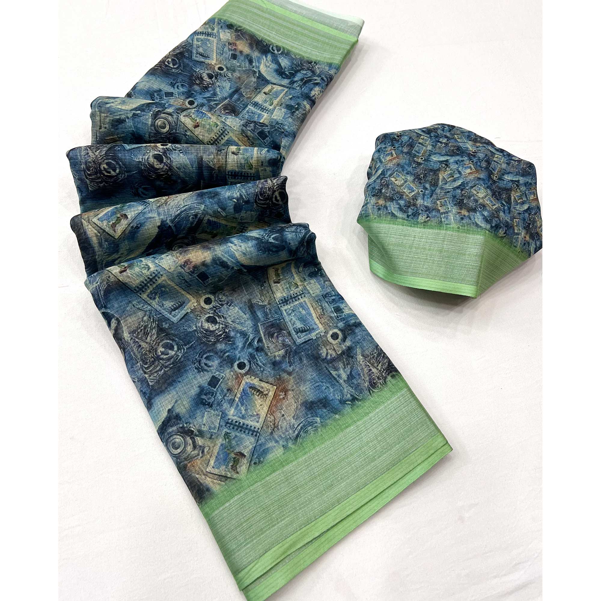 Blue Digital Printed Linen Saree