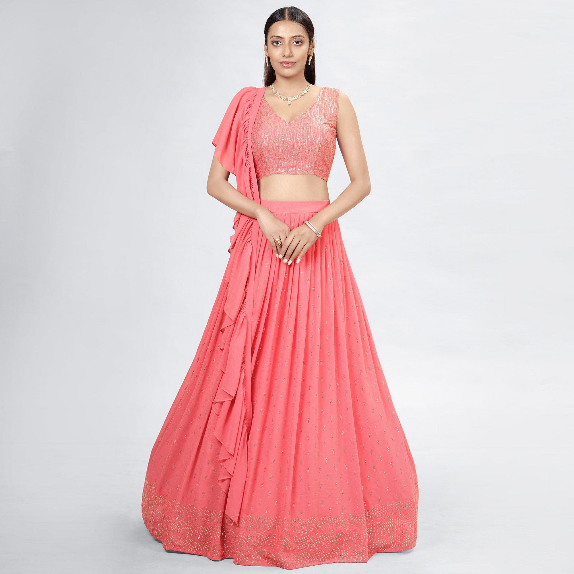 Coral pink Embellished With Embroidered Georgette Lehenga Choli