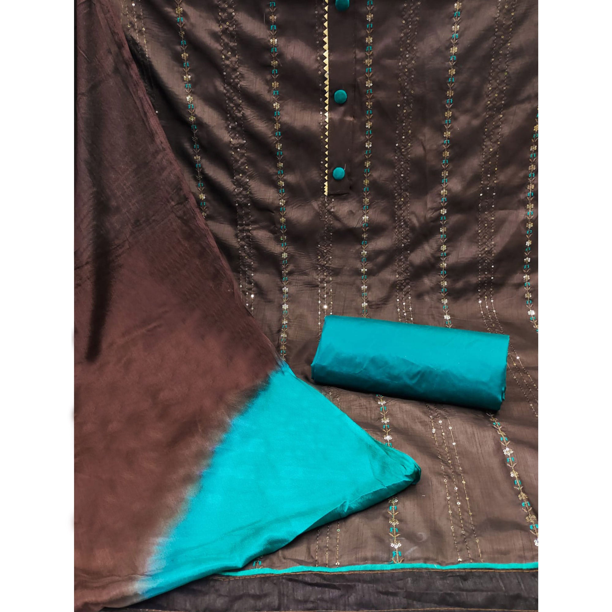 Brown Sequins Embroidered Raw Silk Dress Material