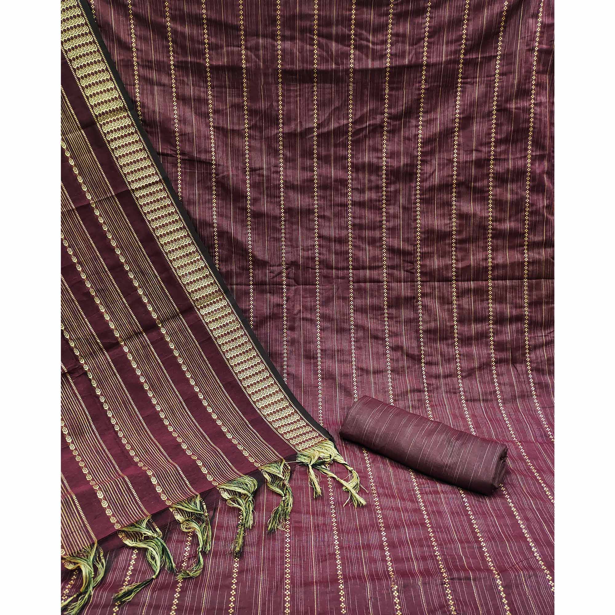 Wine Woven Cotton Blend Dress Material