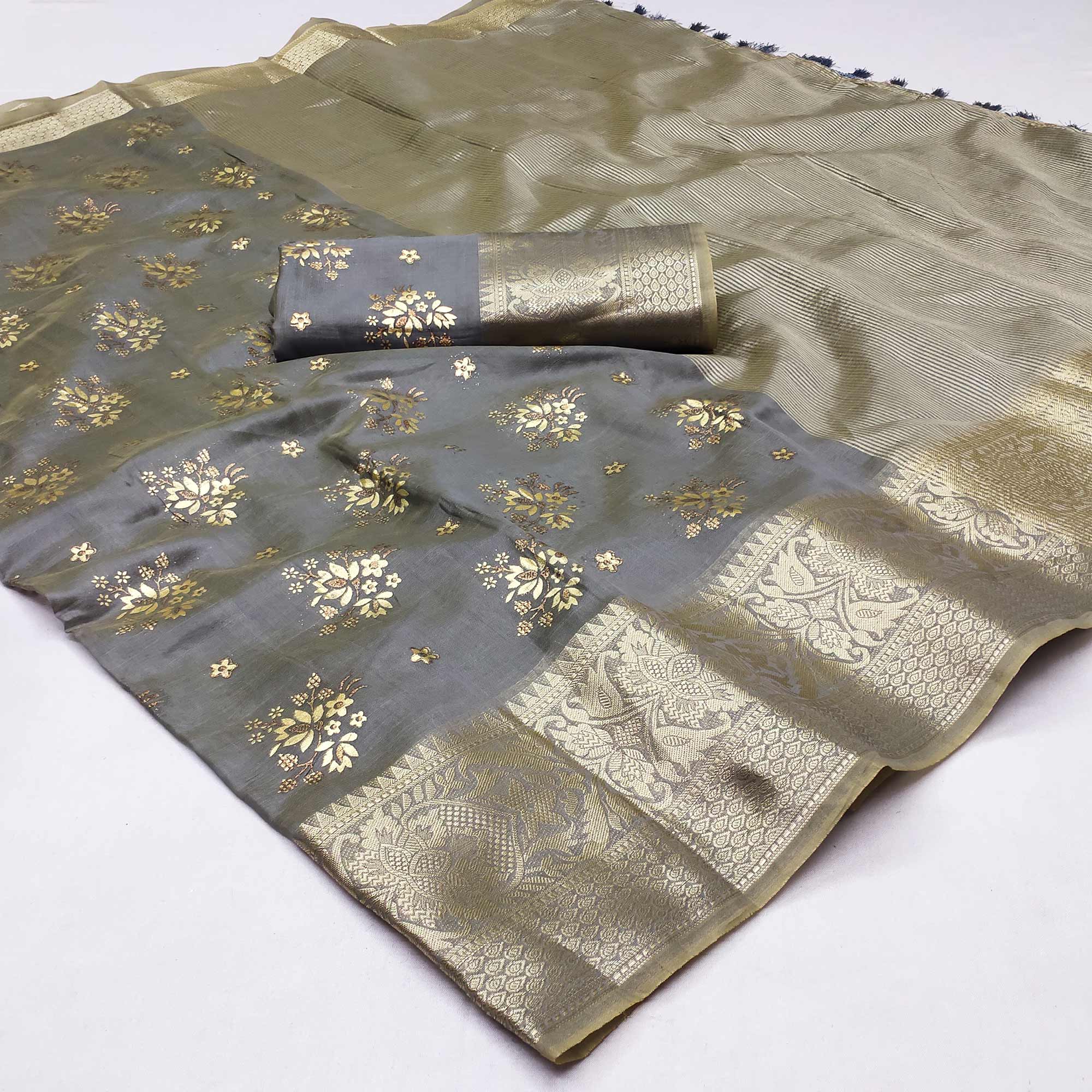 Grey Woven Organza Saree With Tassels