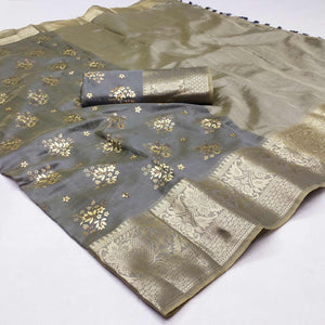 Grey Woven Organza Saree With Tassels