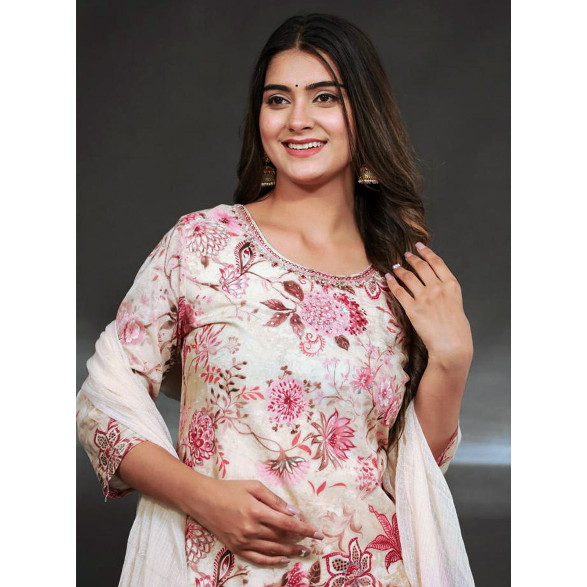 White & Pink Floral Printed Muslin Sharara Suit