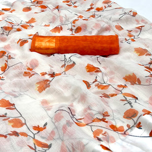 White Orange Floral Printed Linen Saree