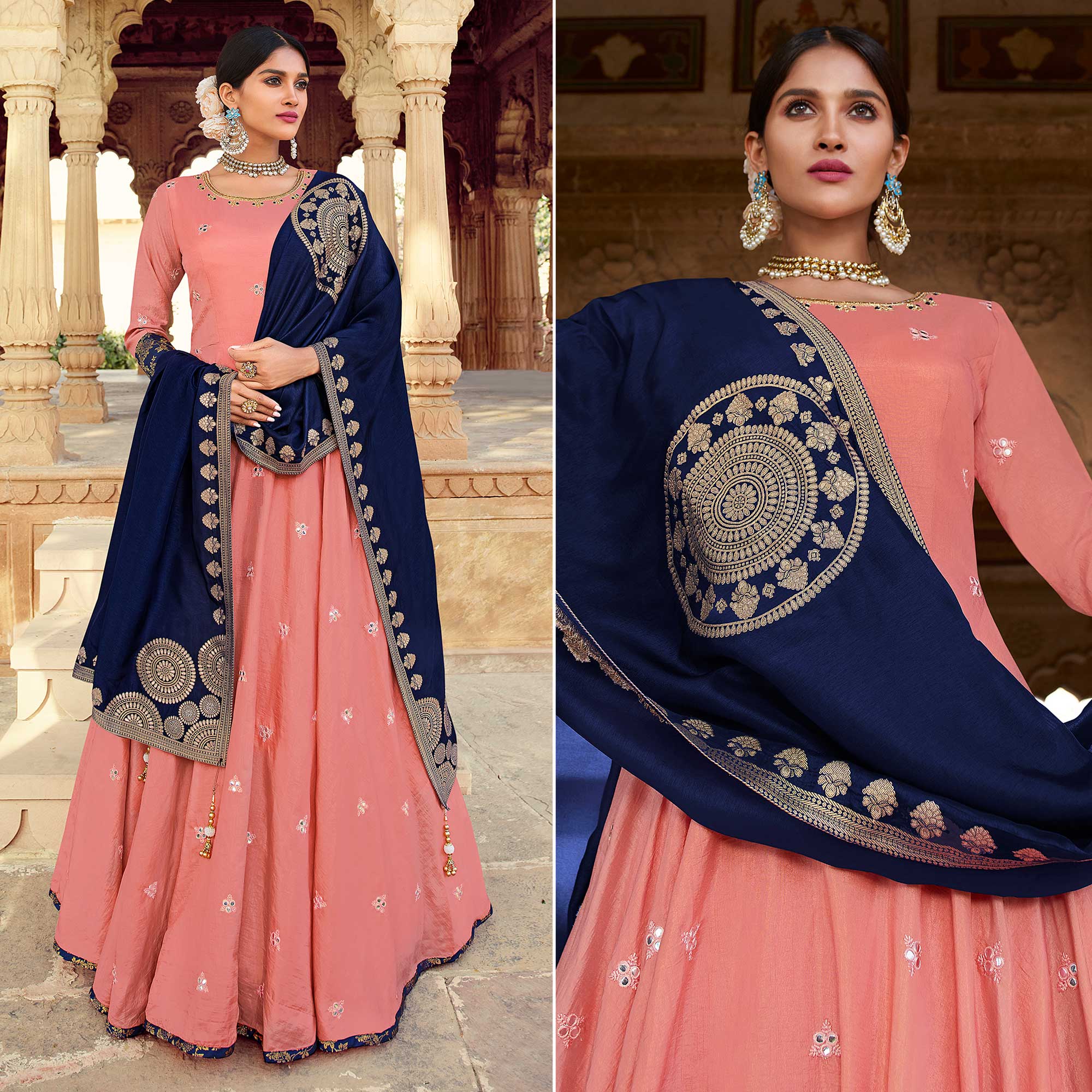 Peach Embroidered With Handwork Dola Silk Gown