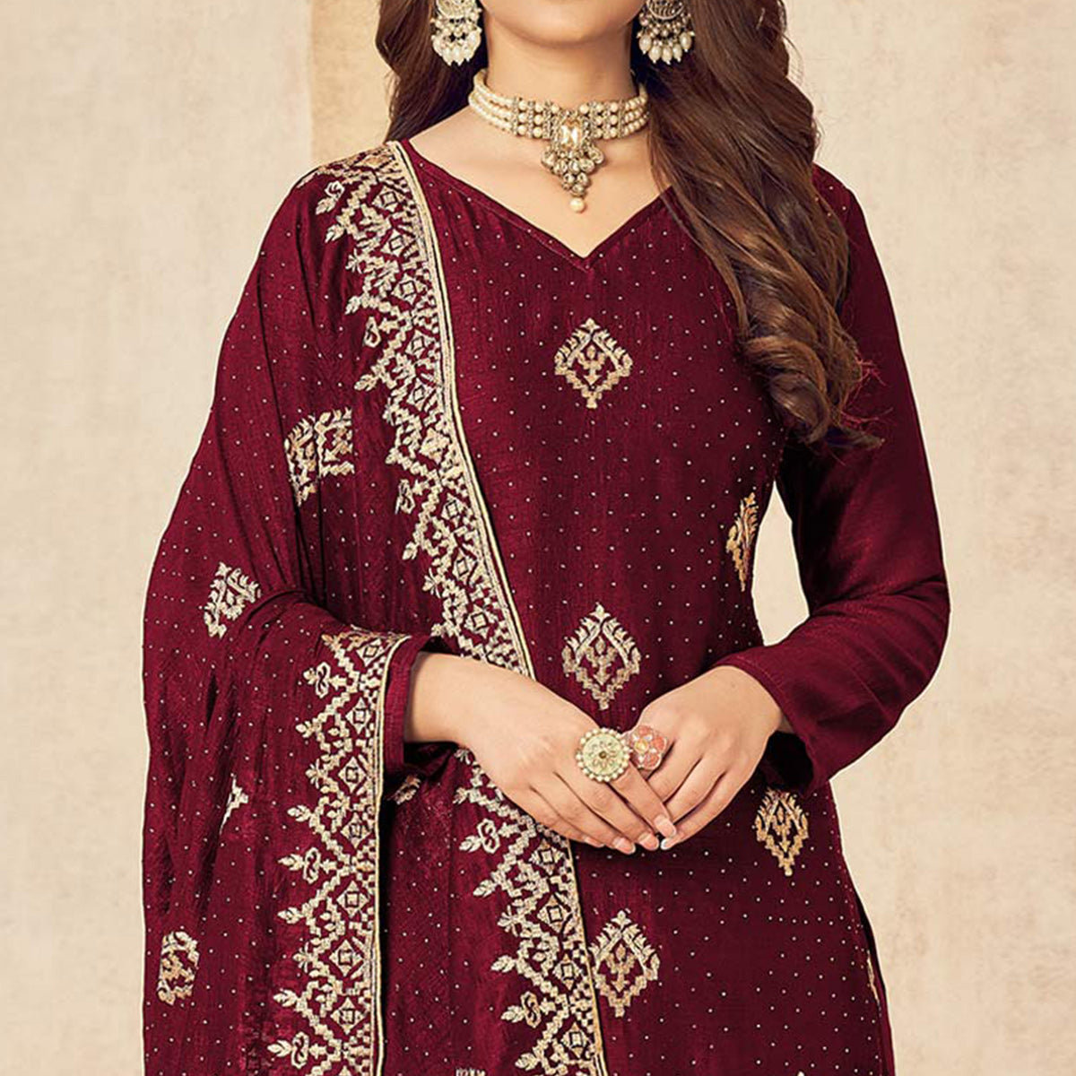 Maroon Embroidered Vichitra Silk Suit