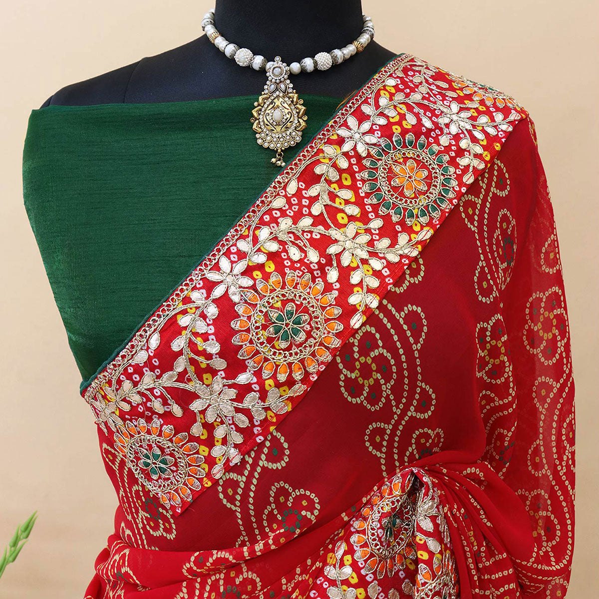 Red Bandhani Printed With Embroidered Border Georgette Saree