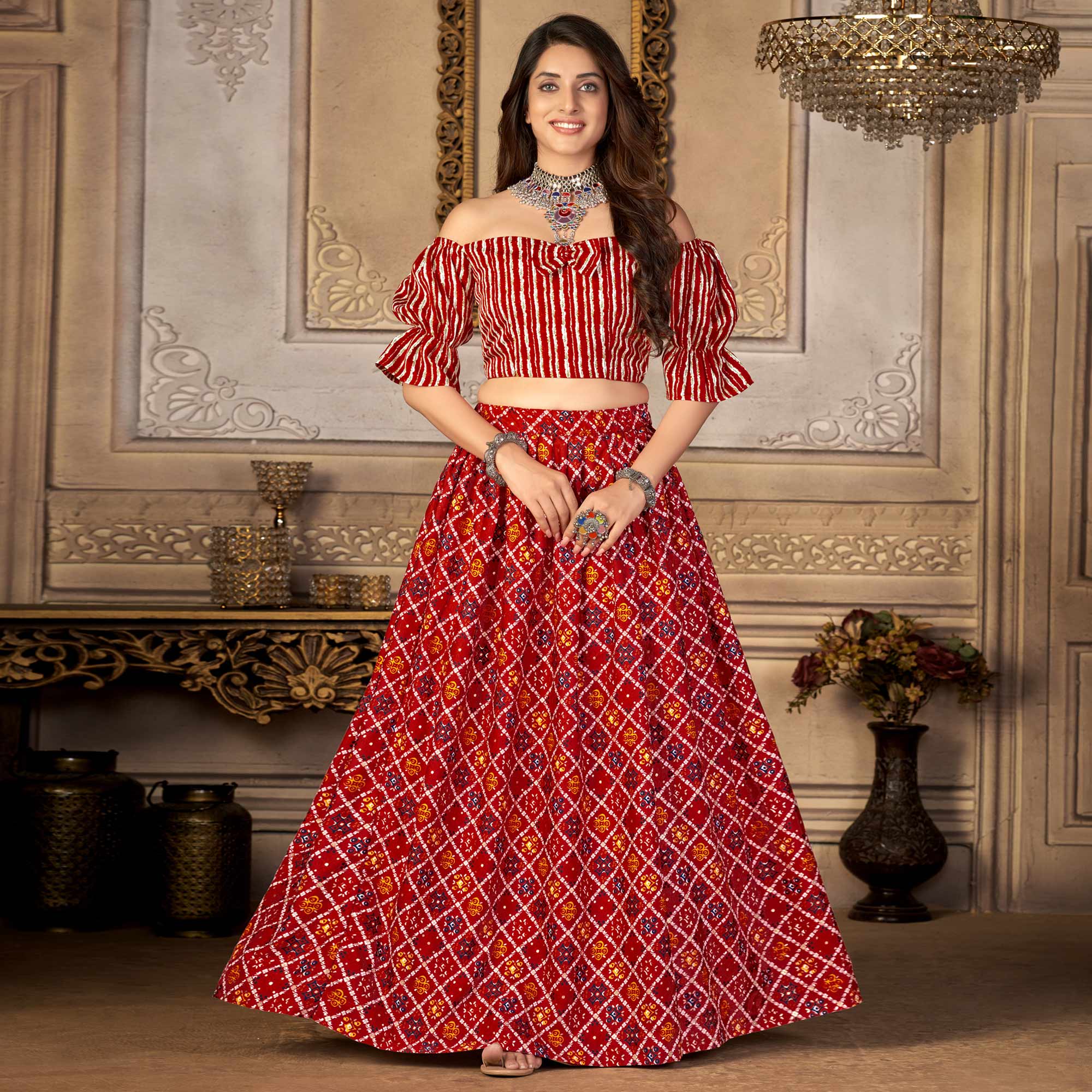 Red Printed Crepe Top Skirt Set