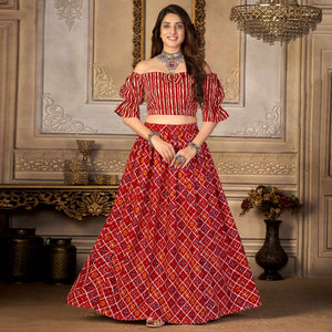 Red Printed Crepe Top Skirt Set