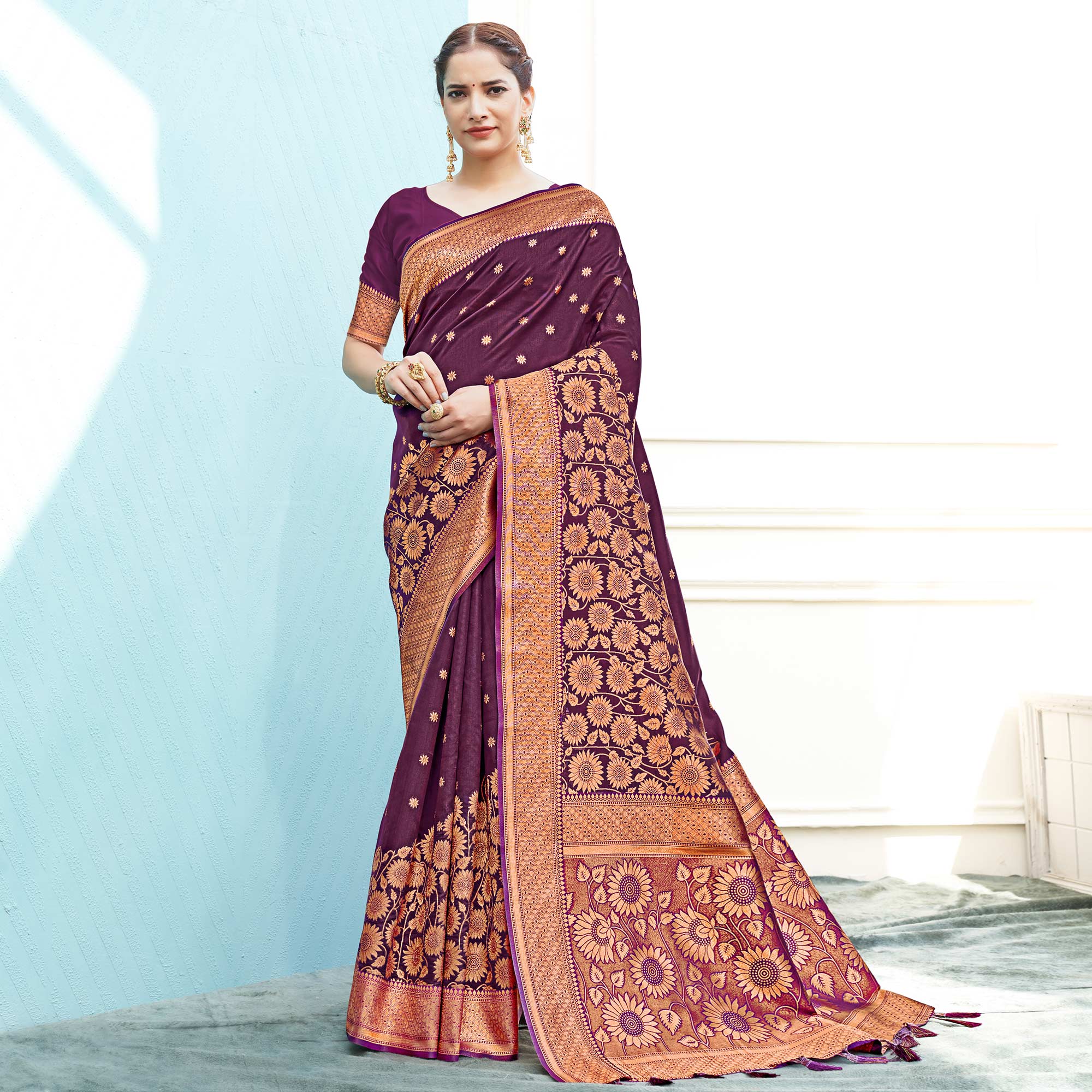 Purple Floral Woven Art Silk Saree